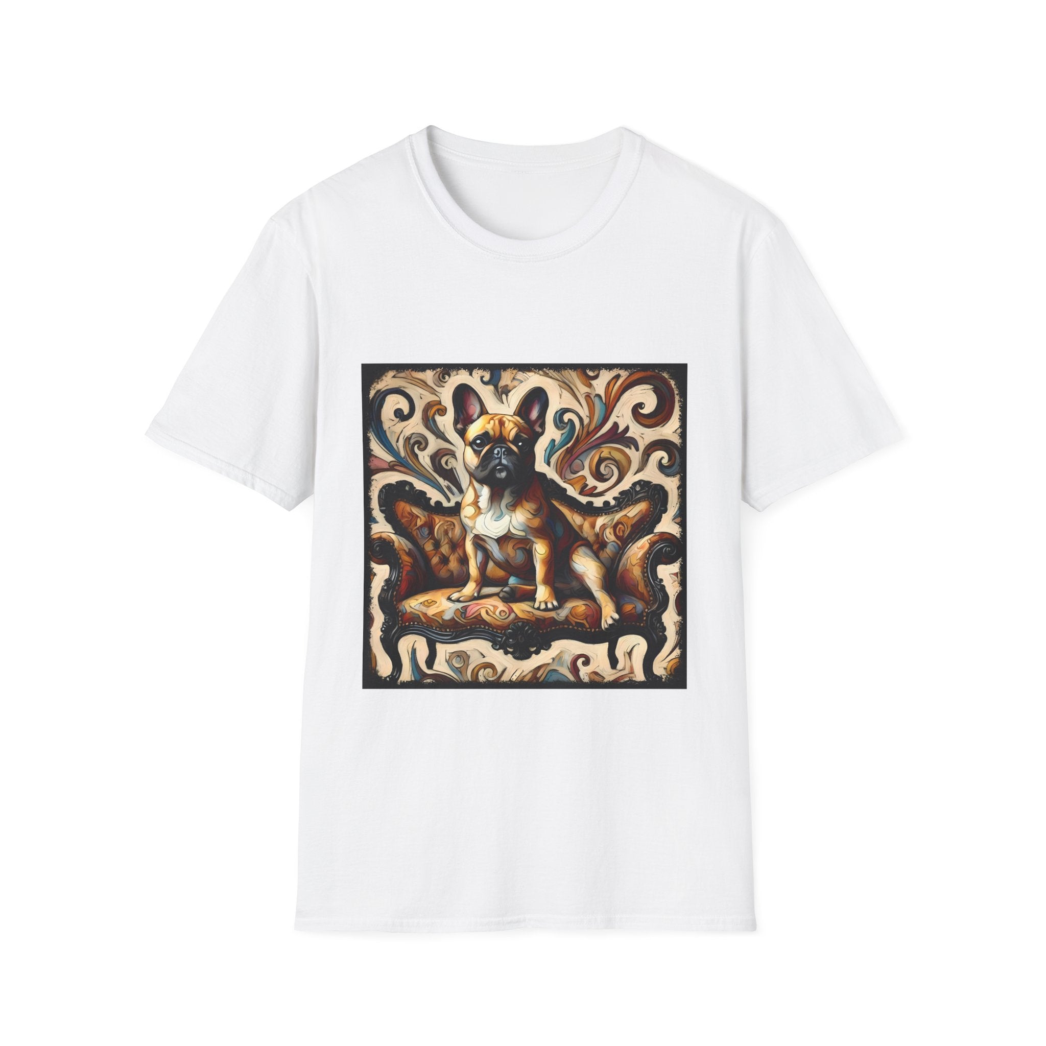 White t-shirt featuring fawn French Bulldog on ornate amber and black settee with rich tan swirl backdrop.