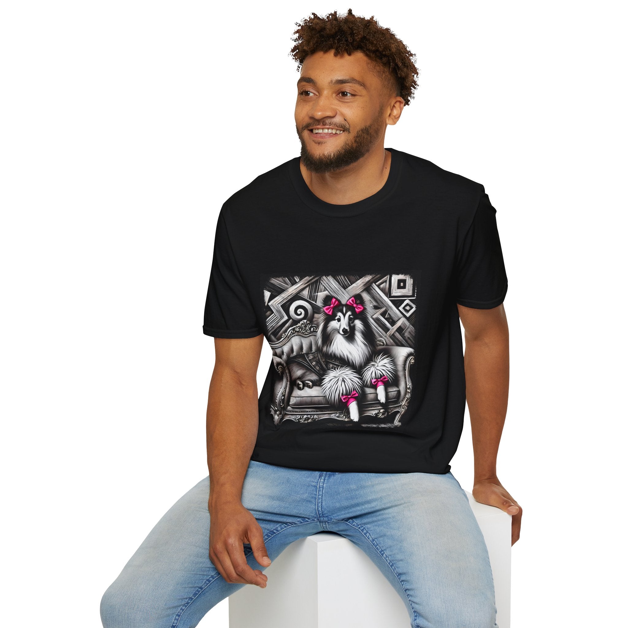 Shetland Sheepdog B&W Pink Bows | Unisex Dog T-Shirt