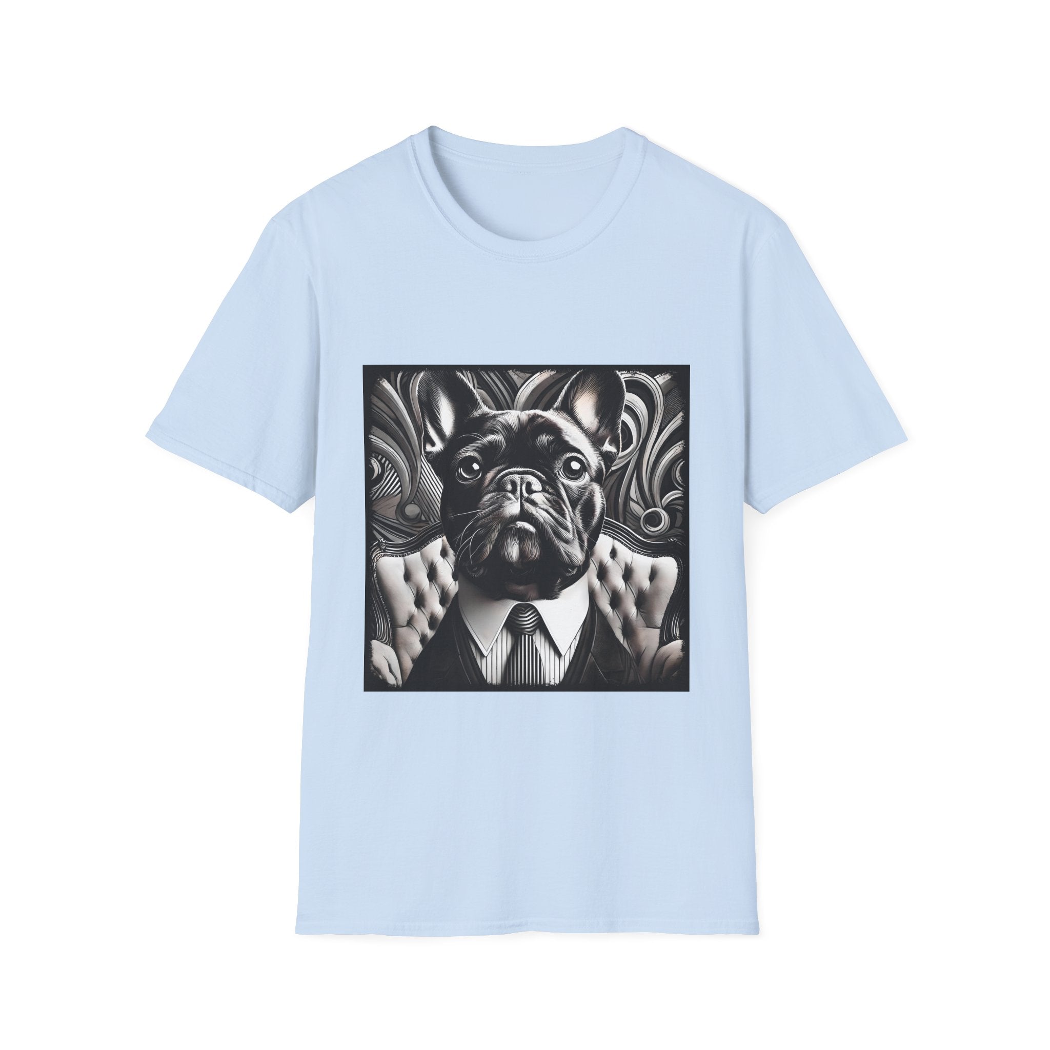 Light blue dog t-shirt featuring black French Bulldog in suit with swirl background, monochrome style.