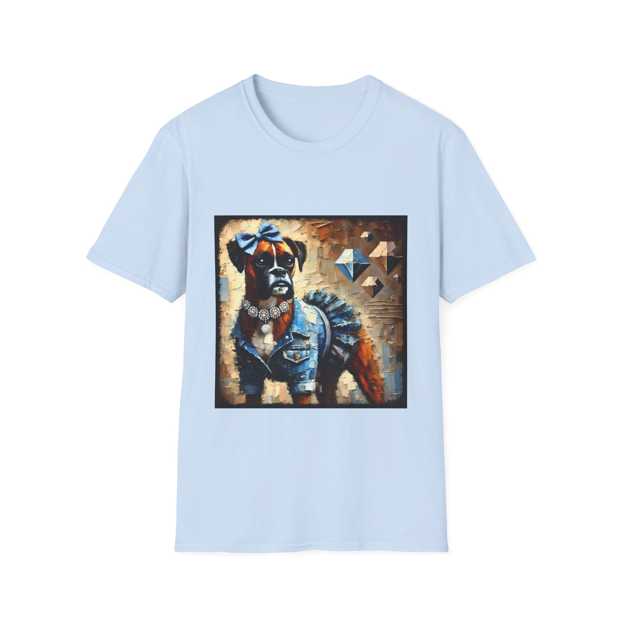 Light blue dog t-shirt with boxer in denim ruffle dress, blue bow, diamond collar, and abstract gem background.