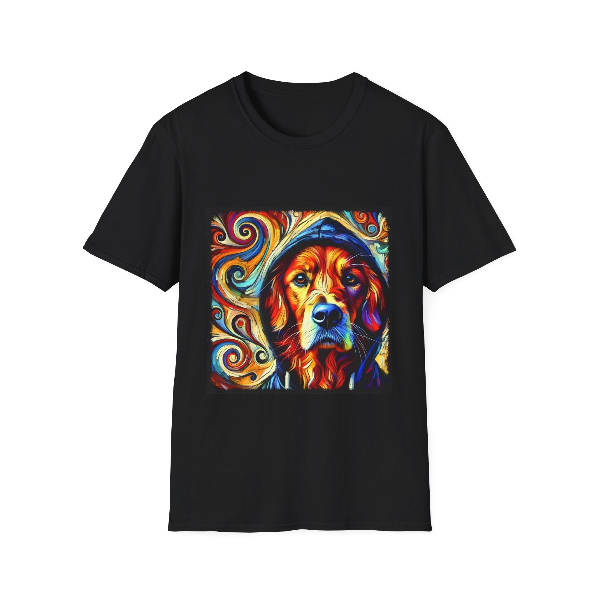 Black dog t-shirt with golden retriever in blue hoodie, bold swirls in red, orange, and teal behind.
