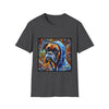 Dark heather dog t-shirt featuring a boxer in a blue hoodie with swirled orange, gold, and teal background design.