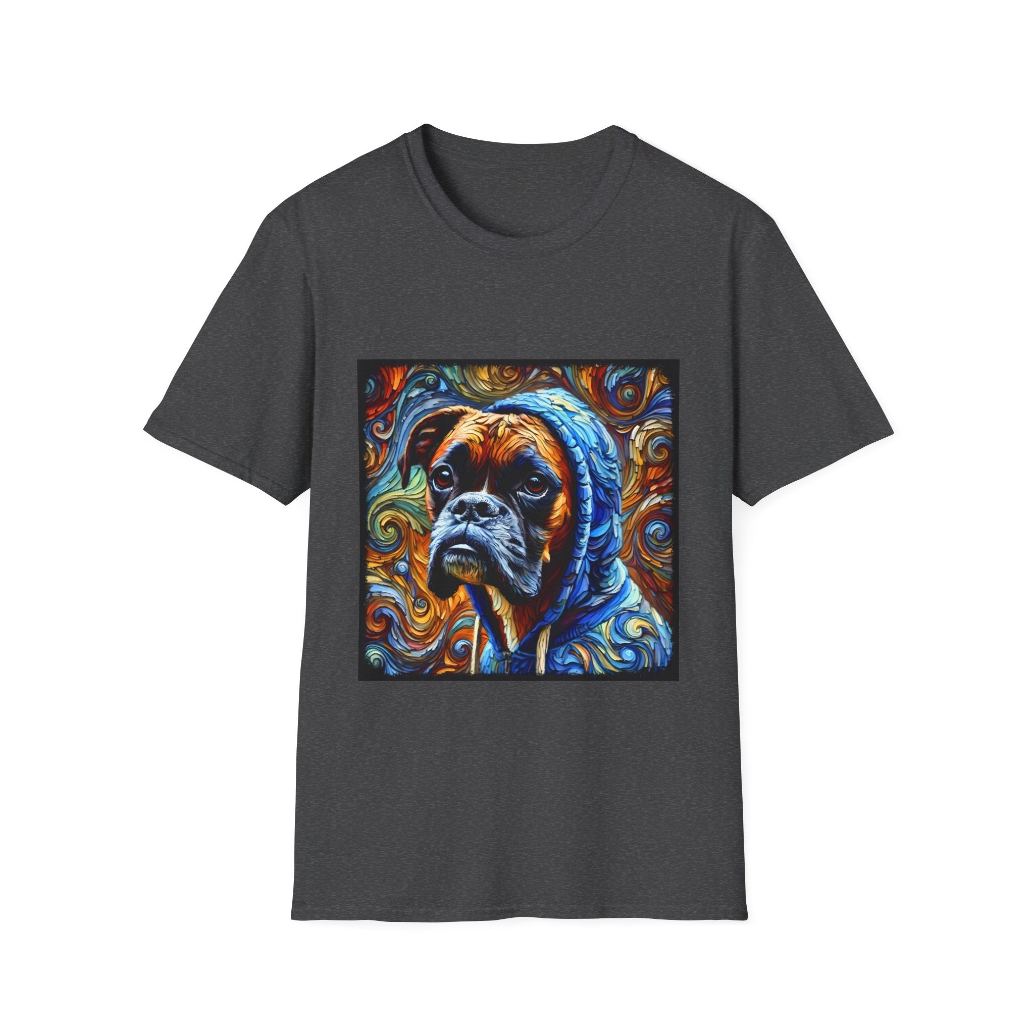 Dark heather dog t-shirt featuring a boxer in a blue hoodie with swirled orange, gold, and teal background design.