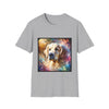 Sport gray dog t-shirt with golden retriever portrait, soft fur, butterflies, and dreamy pastel colors.