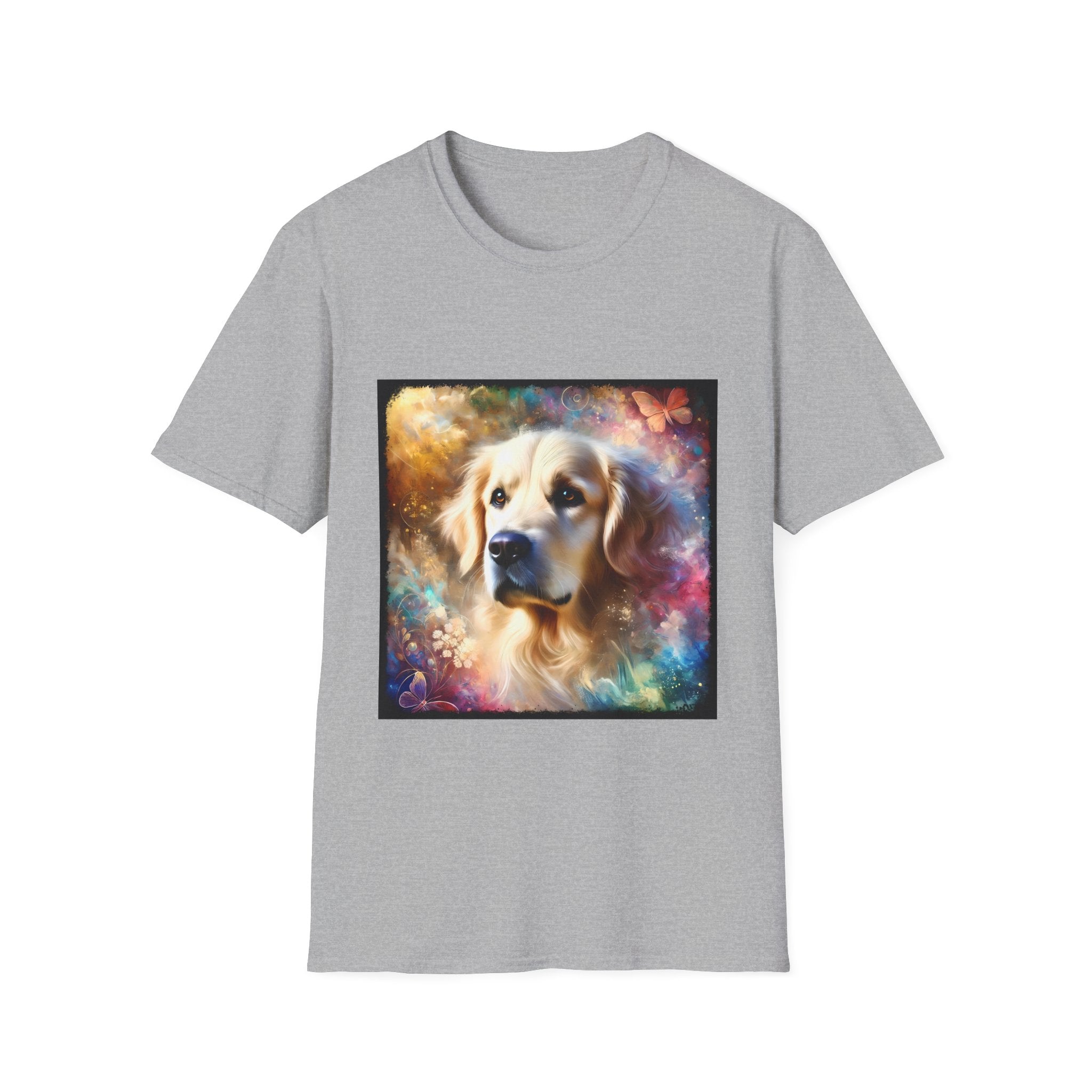 Sport gray dog t-shirt with golden retriever portrait, soft fur, butterflies, and dreamy pastel colors.