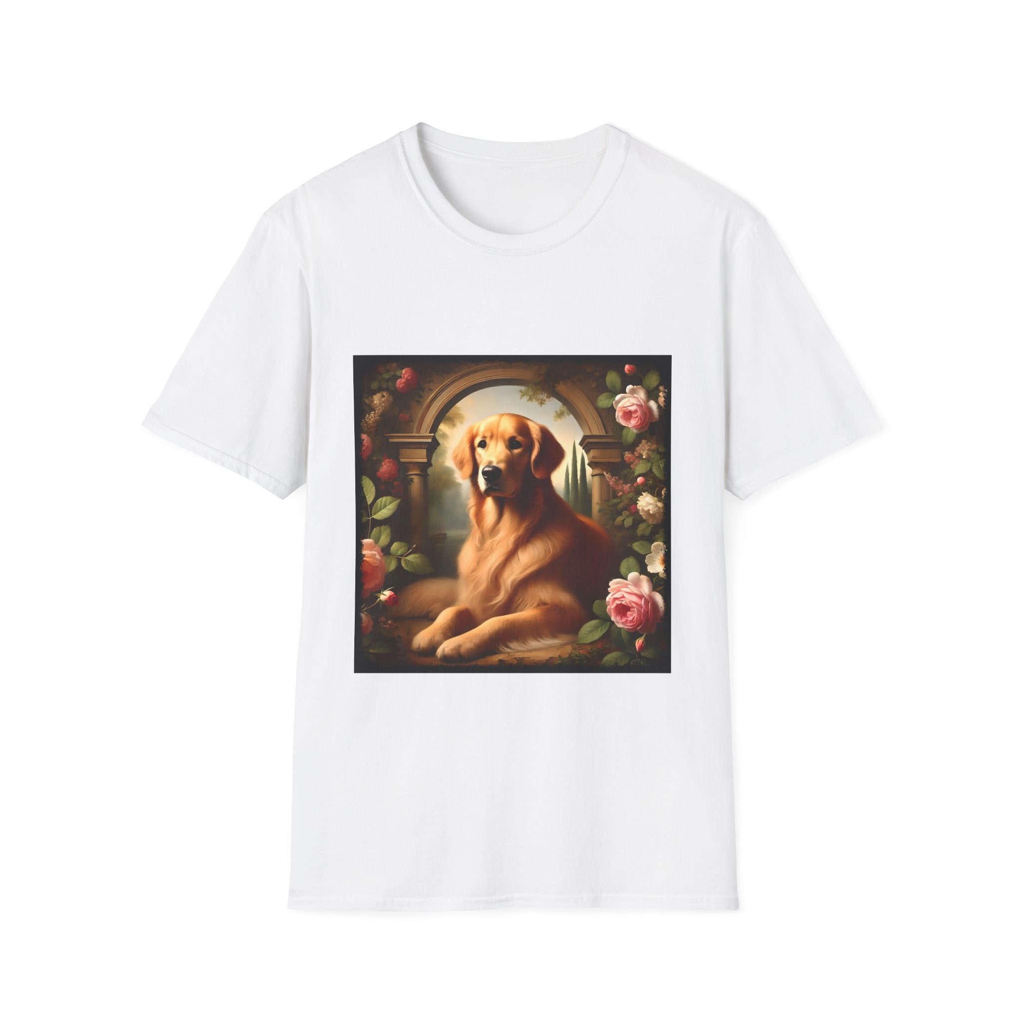 White dog t-shirt featuring golden retriever lounging under stone arch, surrounded by roses and greenery.