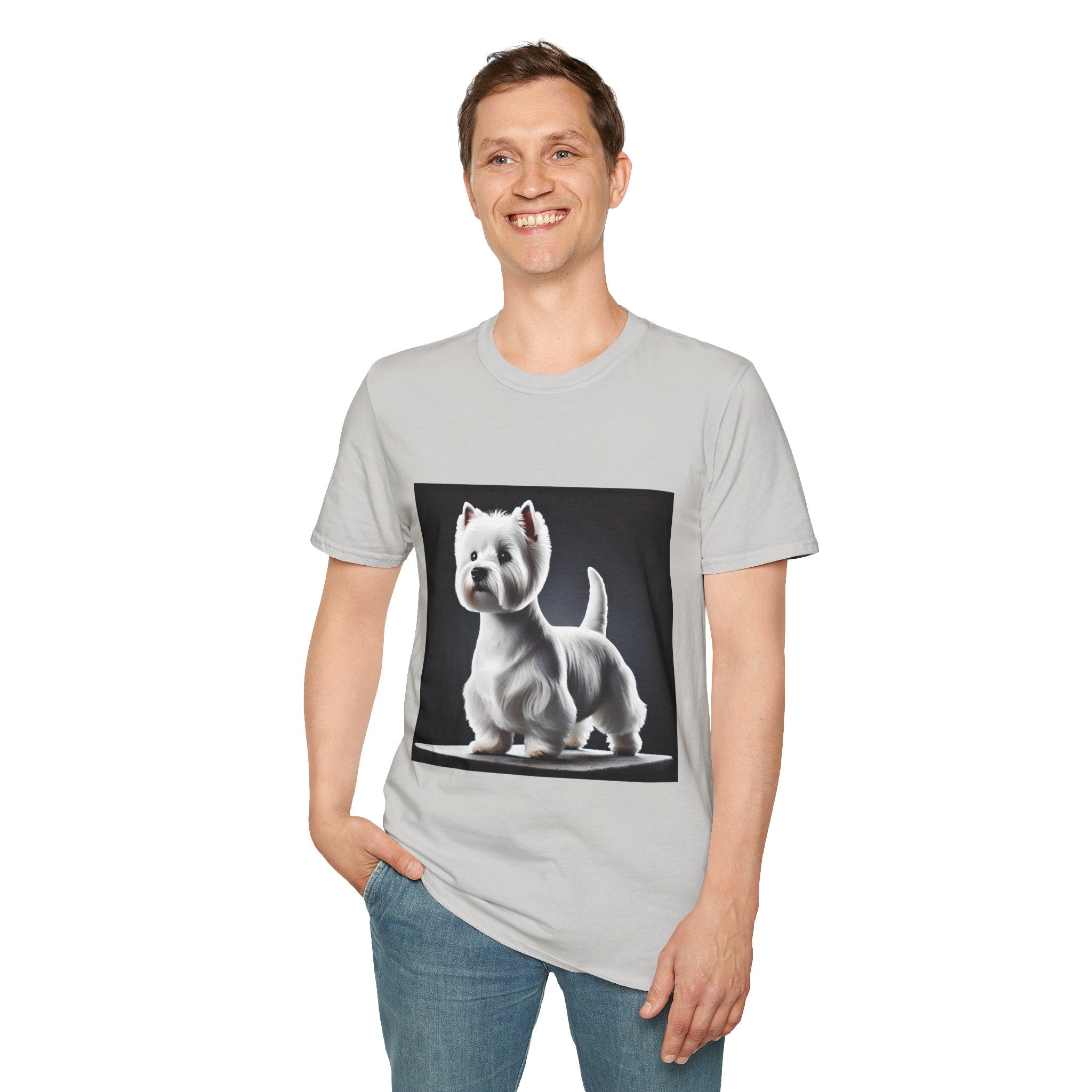 Male model in ice gray dog t-shirt featuring a Westie standing proud on a platform against a dramatic dark backdrop.