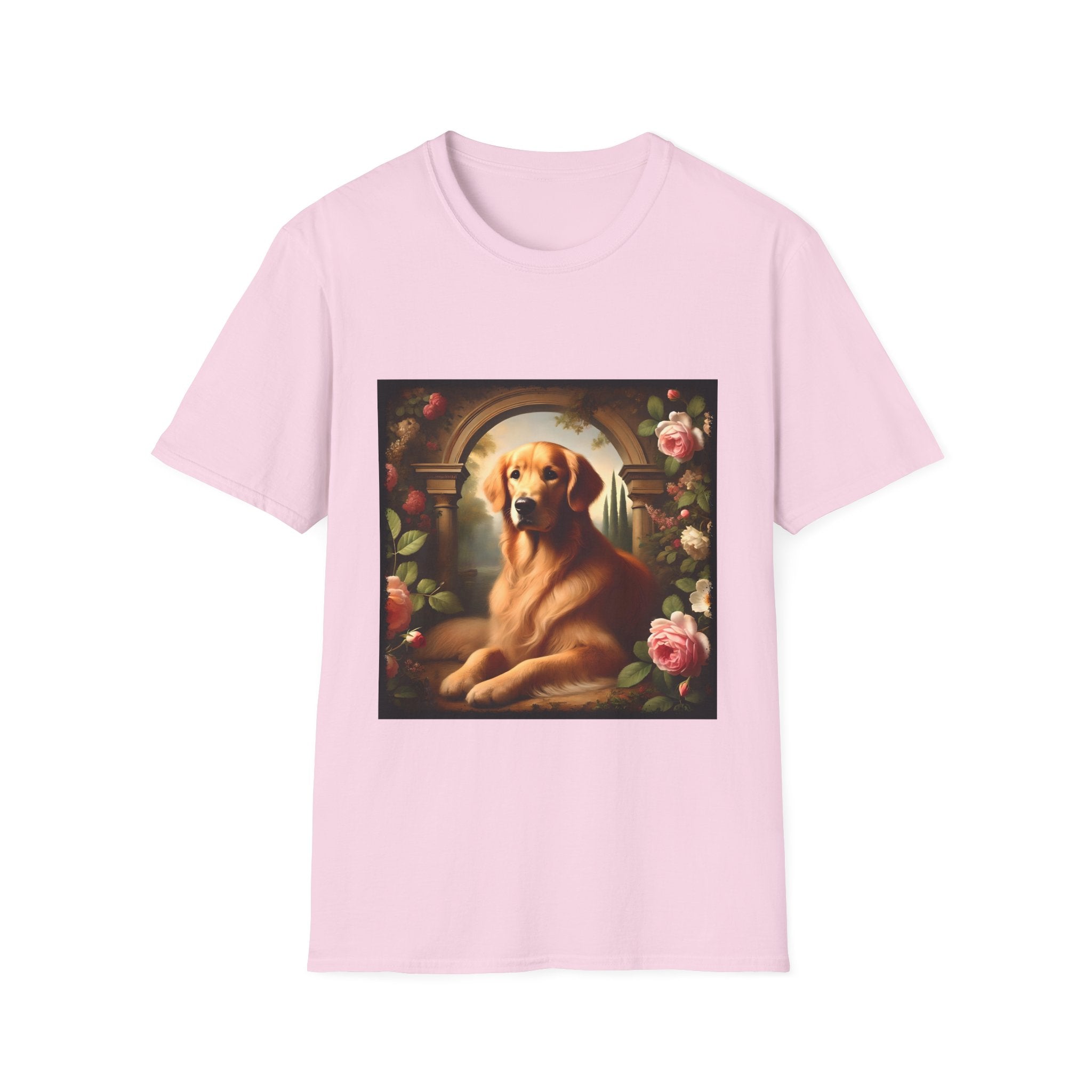 Light pink dog t-shirt featuring golden retriever lounging under stone arch, surrounded by roses and greenery.