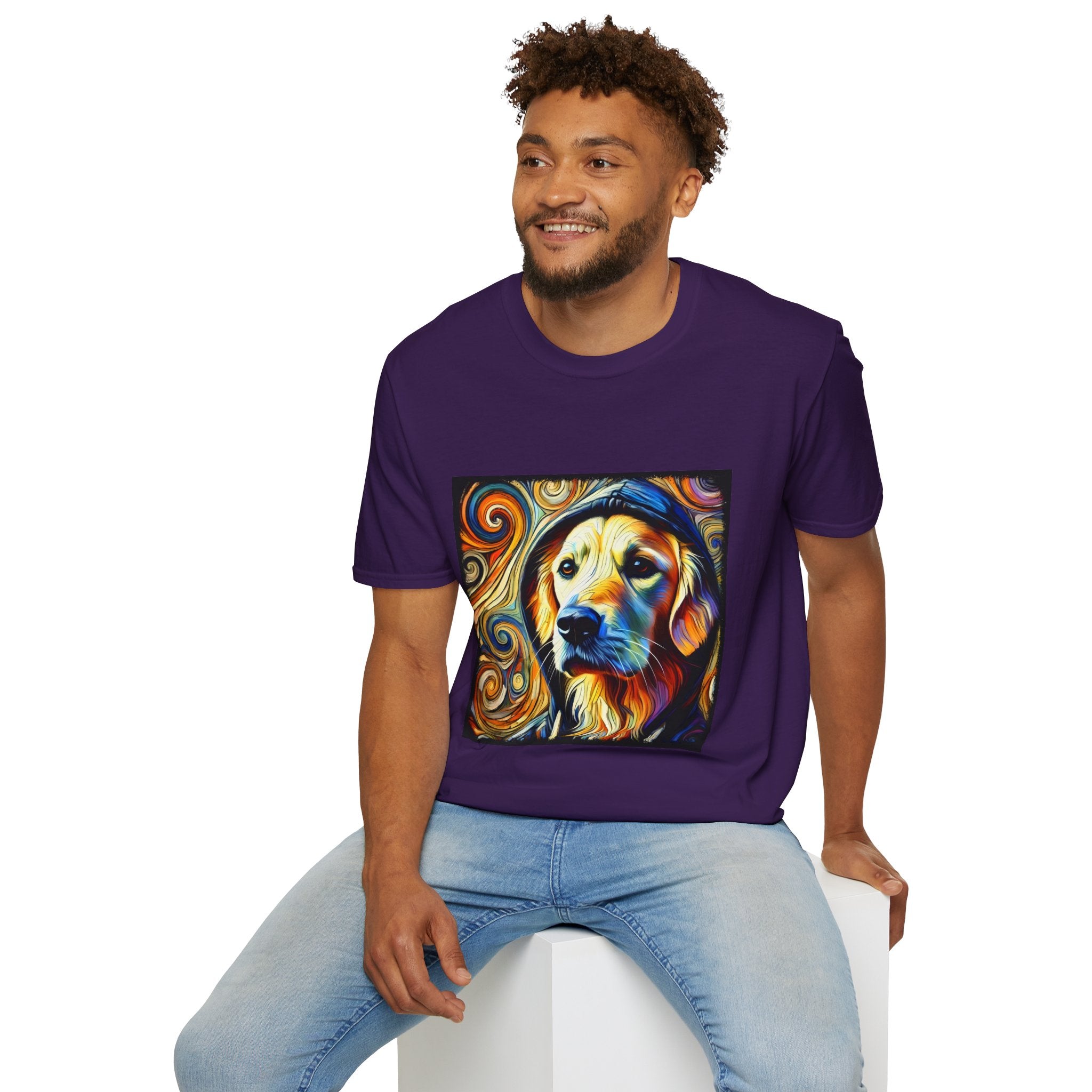 Male model in purple dog t-shirt with golden retriever in hoodie, swirled background in orange, yellow, and teal tones.