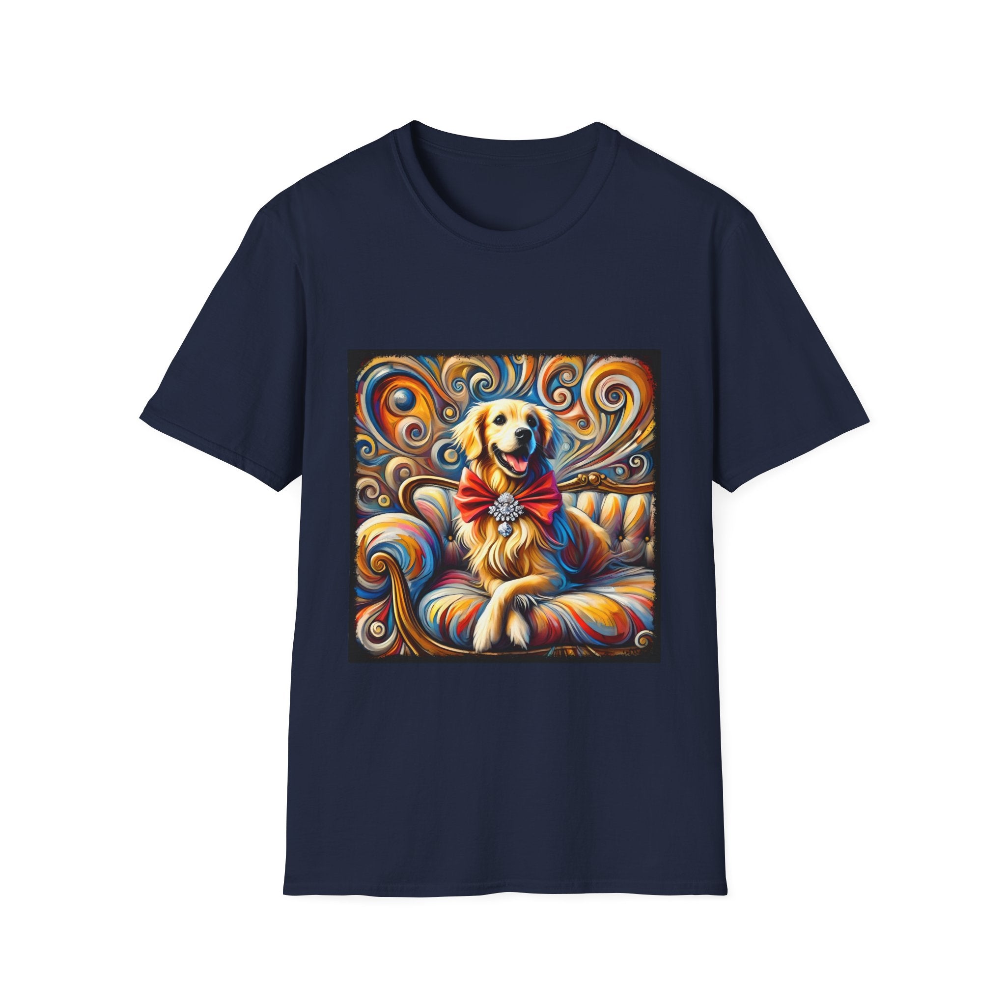 Navy dog t-shirt featuring golden retriever with red bow on colorful swirl settee background.