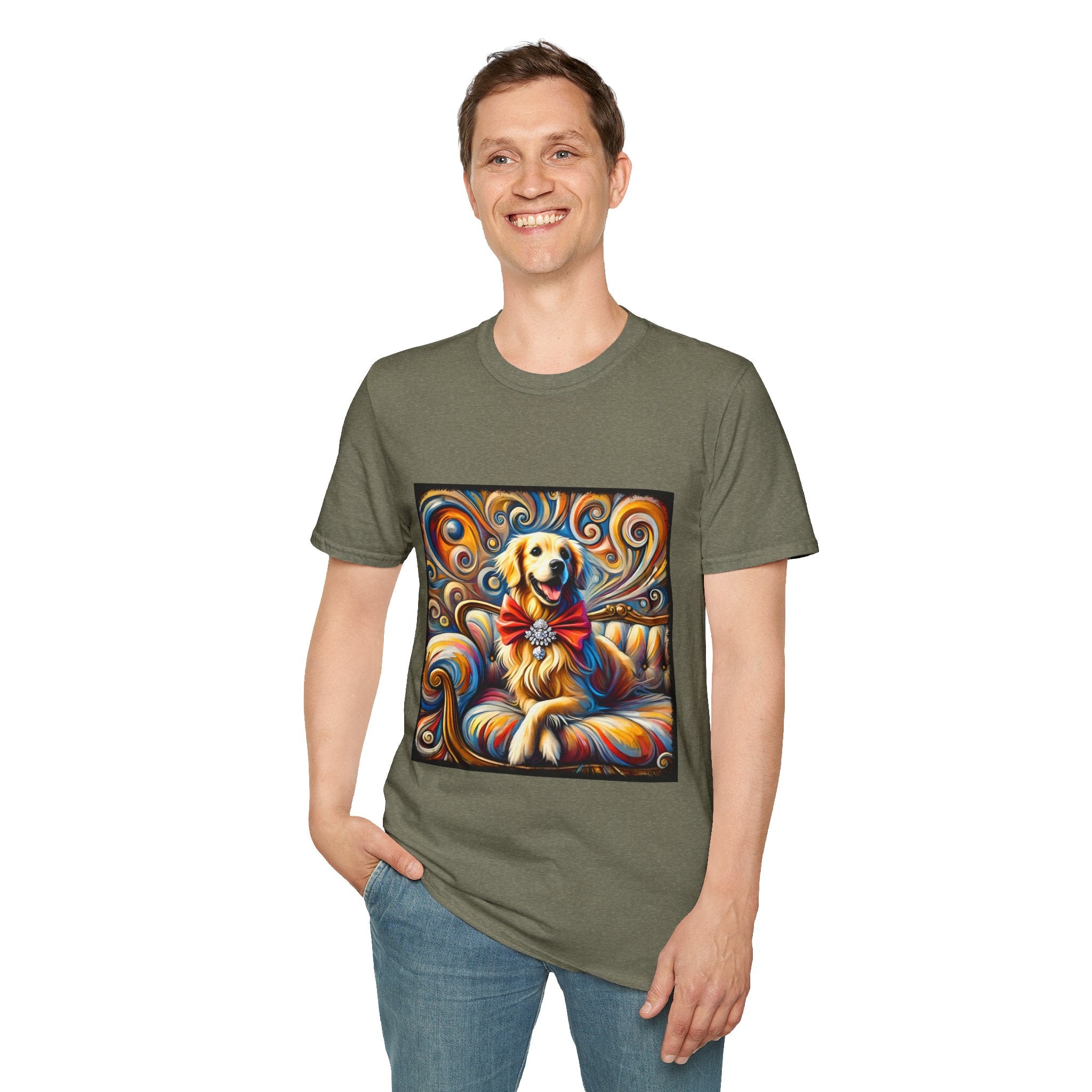 Male model in heather military green dog t-shirt featuring golden retriever with red bow on colorful swirl settee background.

