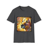Dark heather dog t-shirt featuring a golden retriever with swirling brushstroke-style yellow-orange background.