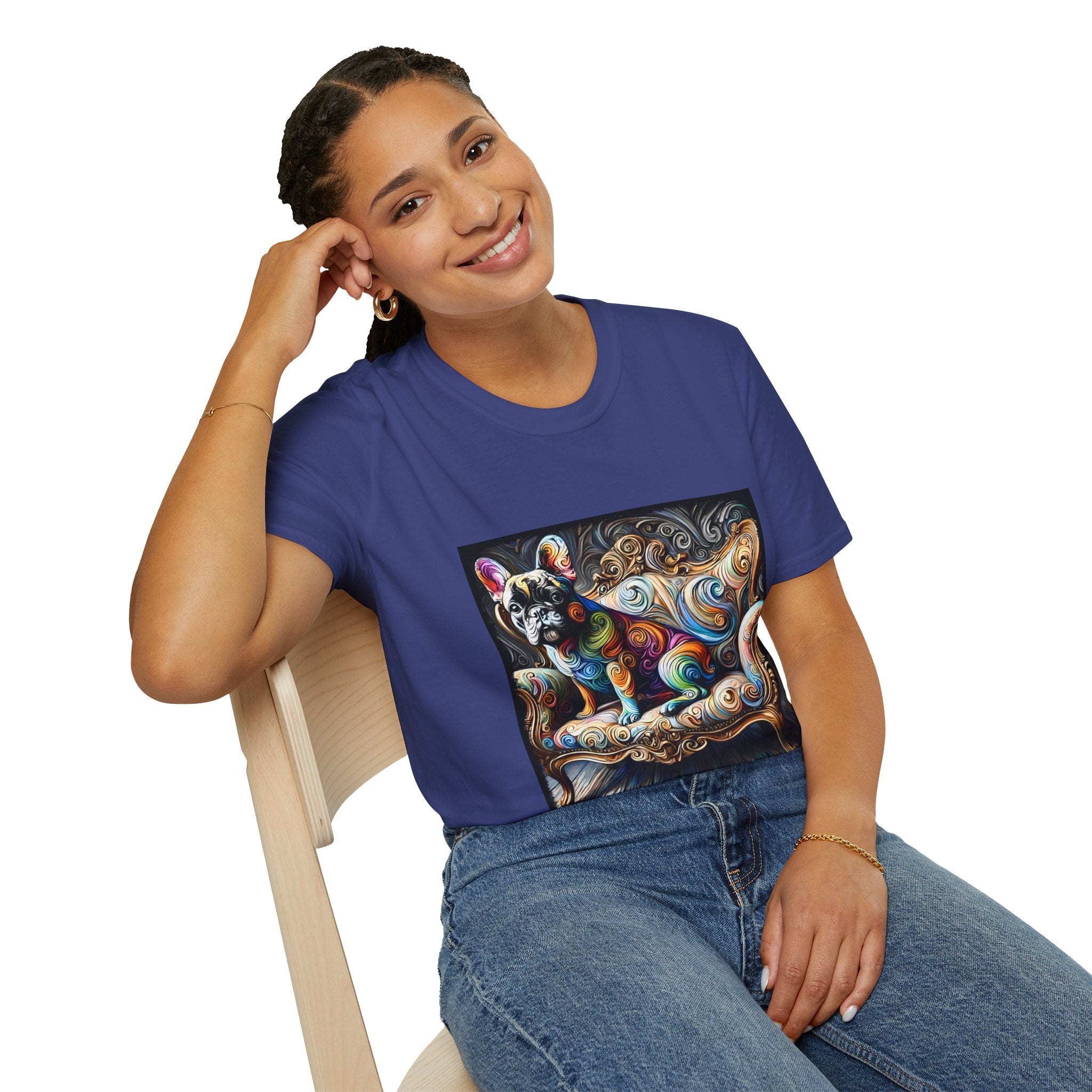 Woman sitting in royal blue t-shirt featuring rainbow French Bulldog on golden settee with swirl pattern, expressionism style.