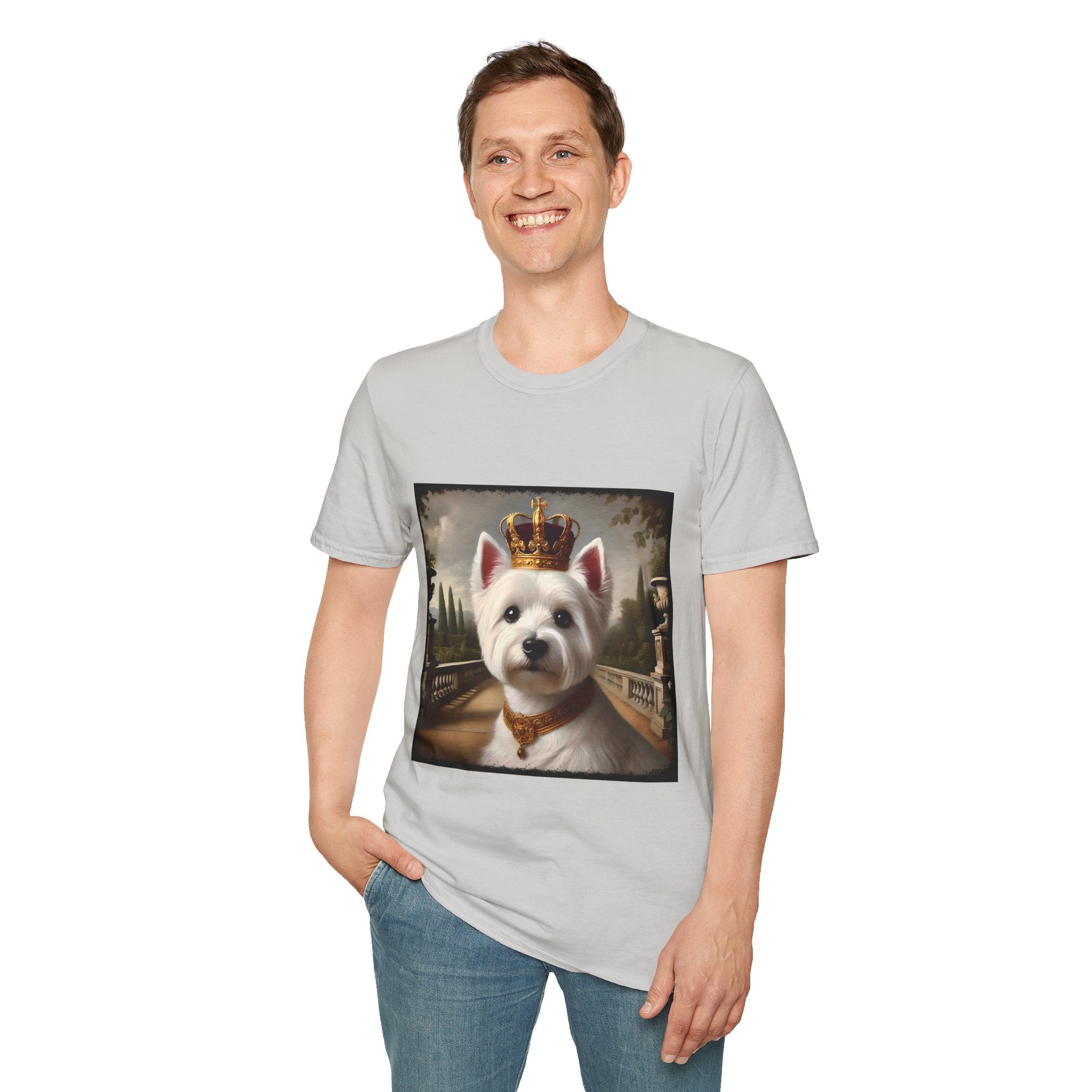 Male model in ice gray dog t-shirt featuring regal Westie in gold crown and collar on palace terrace background.