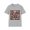 Sport gray dog t-shirt with golden retriever in striped outfit and pink bow on bold pop-art settee.