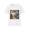 White dog t-shirt featuring regal Westie in gold crown and collar on palace terrace background.