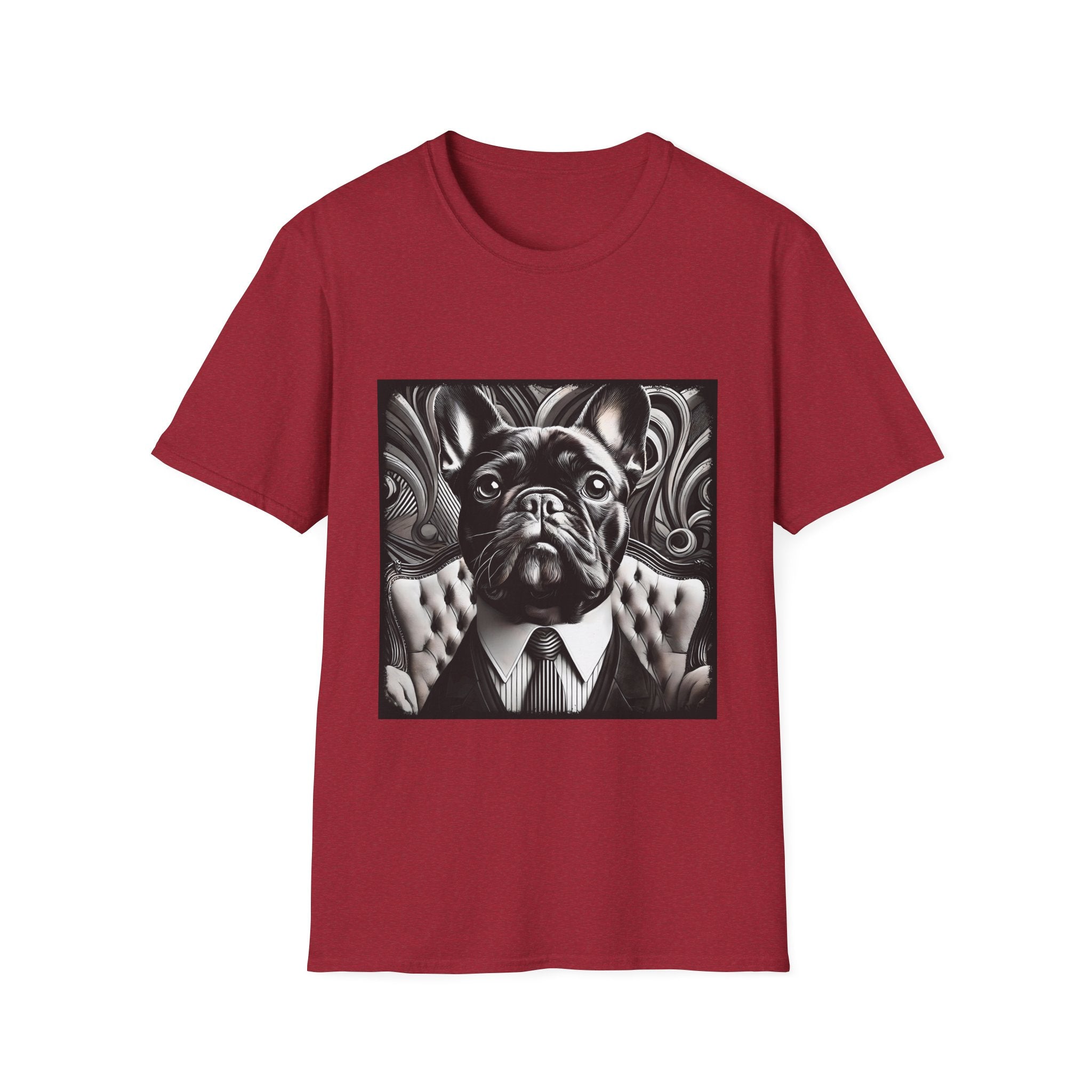 Antique cherry red dog t-shirt featuring black French Bulldog in suit with swirl background, monochrome style.