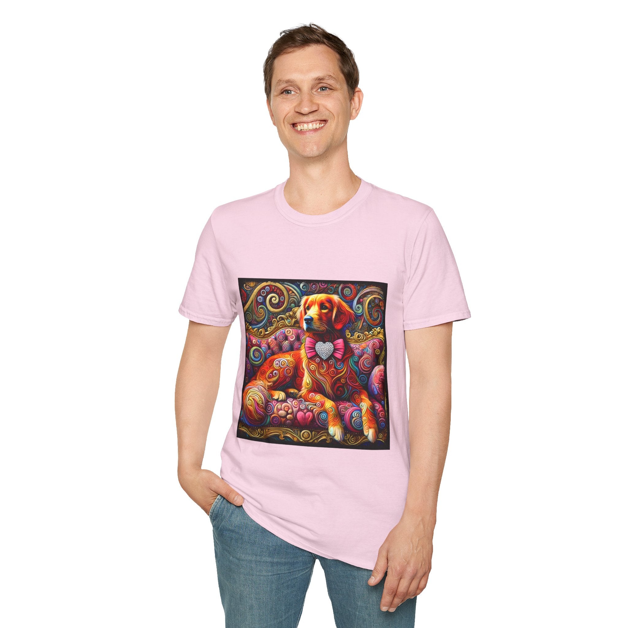 Male model in light pink dog t-shirt with golden retriever in pink bow on vibrant swirl settee with heart details.