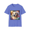 Heather royal dog t-shirt with golden retriever portrait, soft fur, butterflies, and dreamy pastel colors.