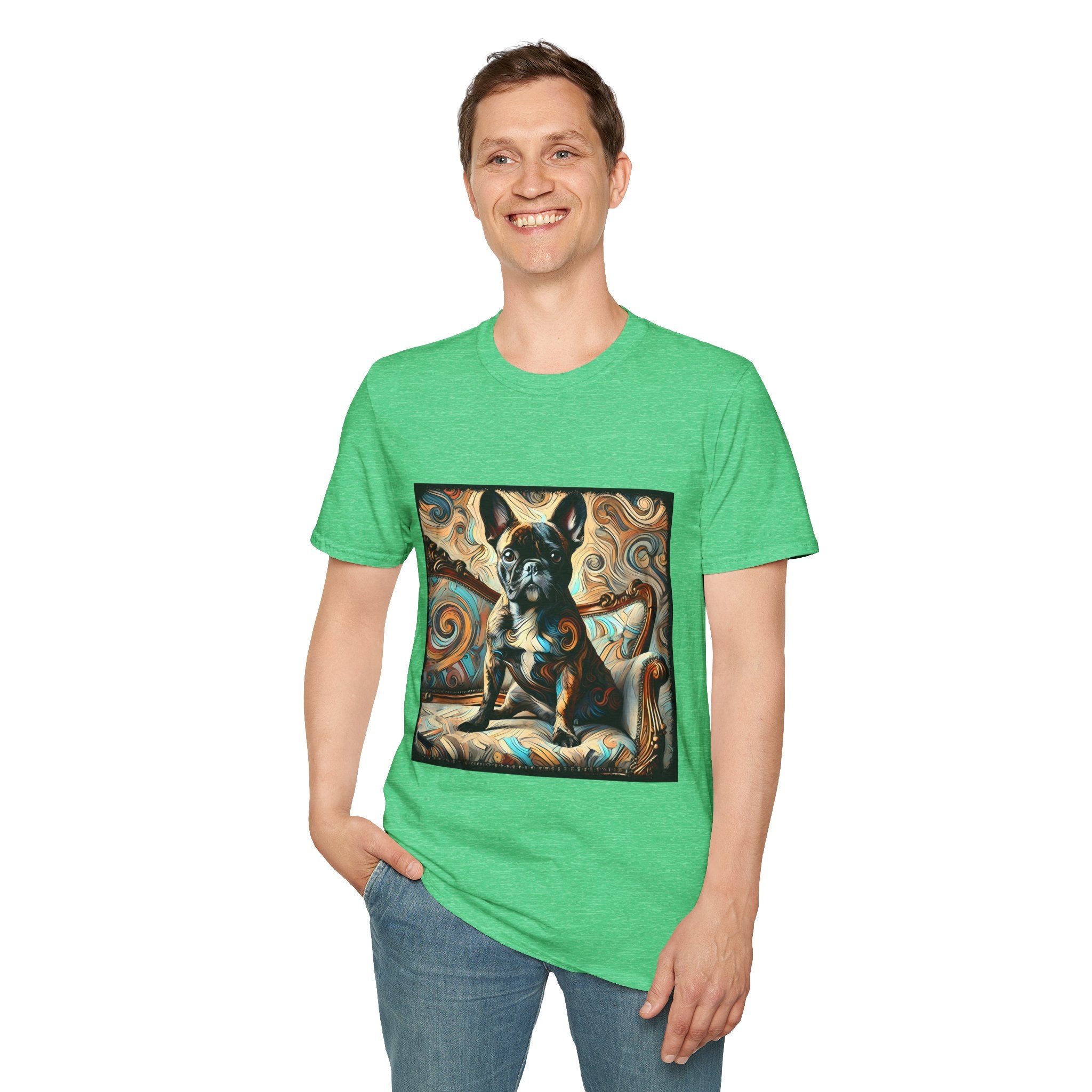 Man smiling wearing Irish green dog t-shirt featuring black and tan French Bulldog on ornate settee with swirl pattern background.
