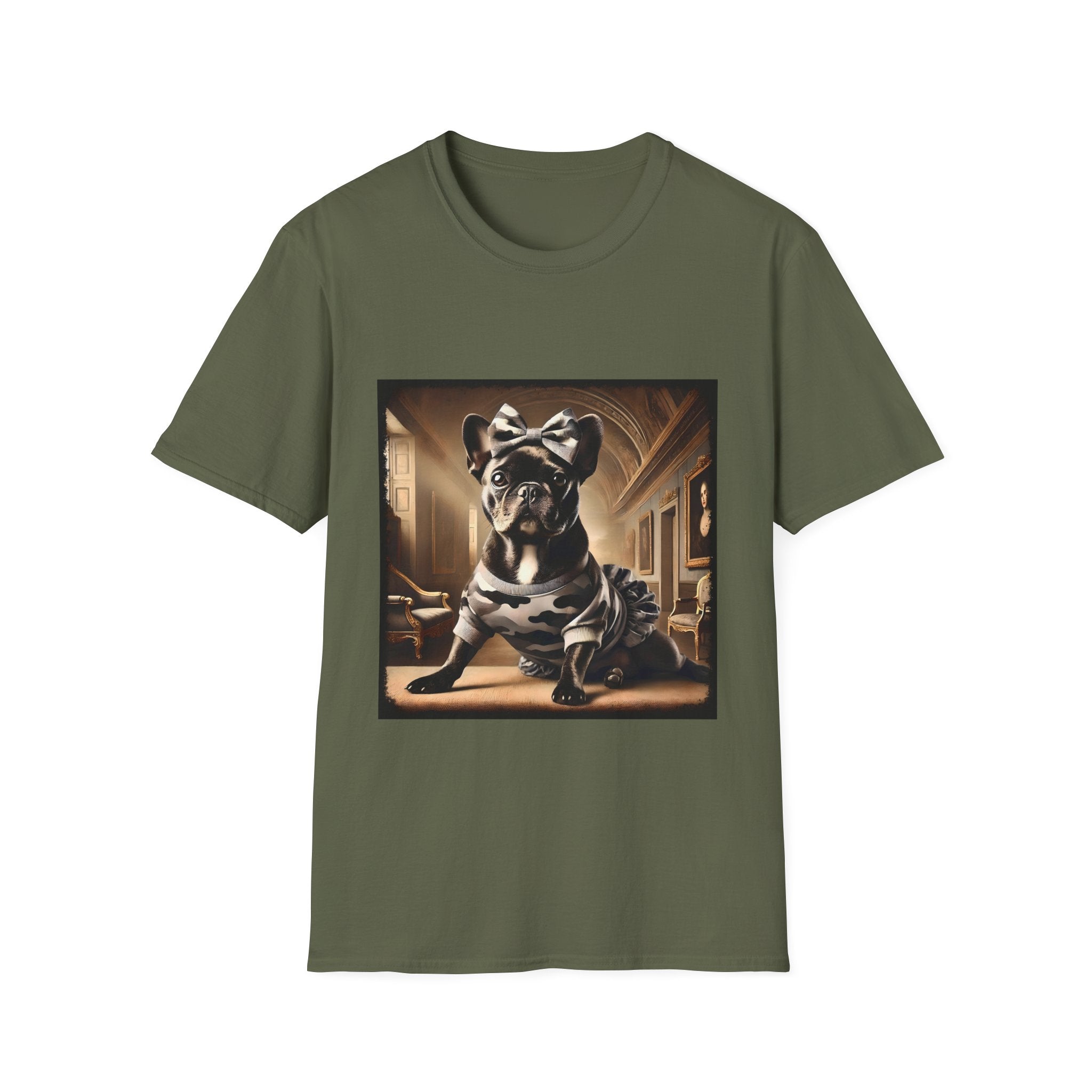 Military green dog t-shirt featuring black French Bulldog in camo dress and bow, set in sepia-toned palace hall.