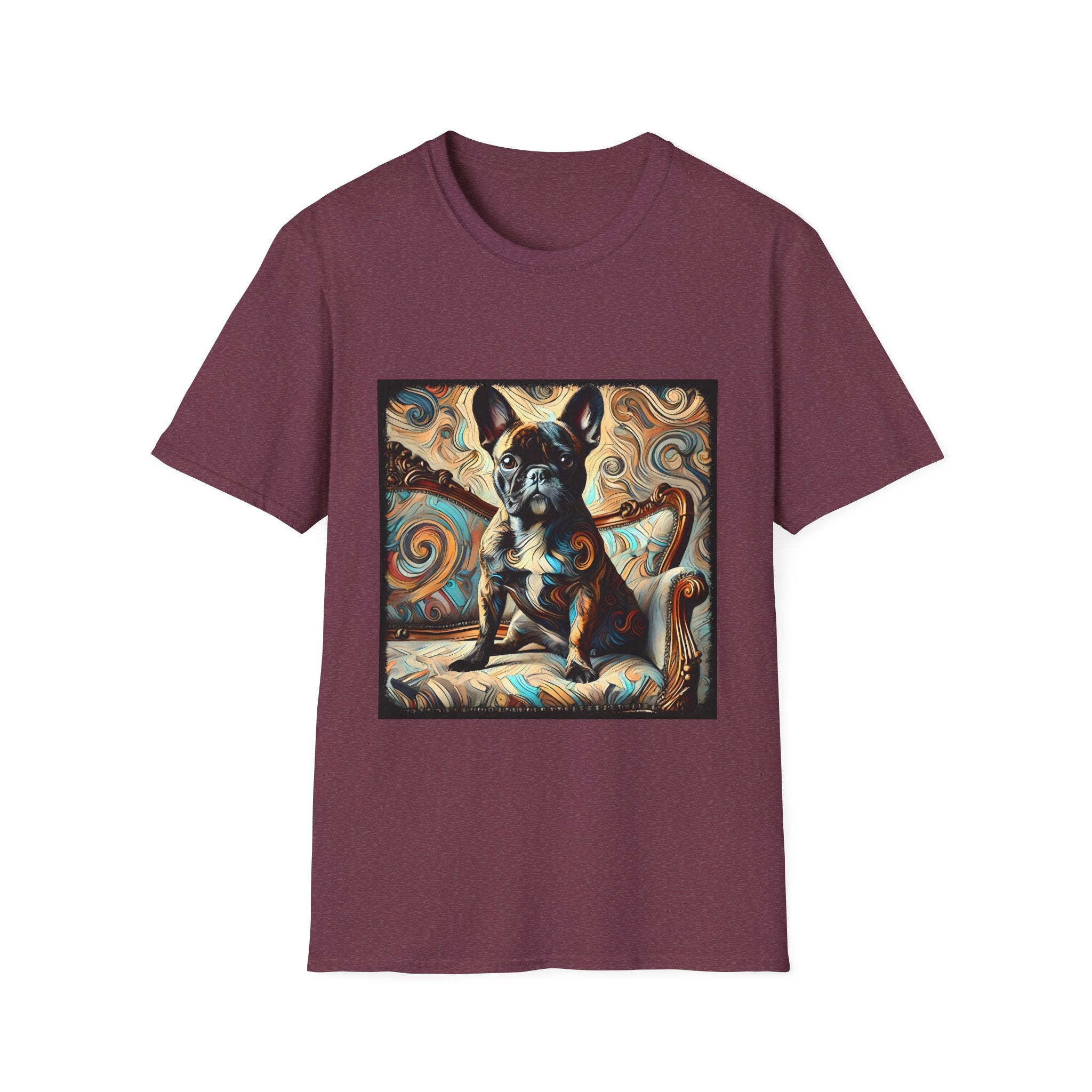 Heather maroon dog t-shirt featuring black and tan French Bulldog on ornate settee with swirl pattern background.