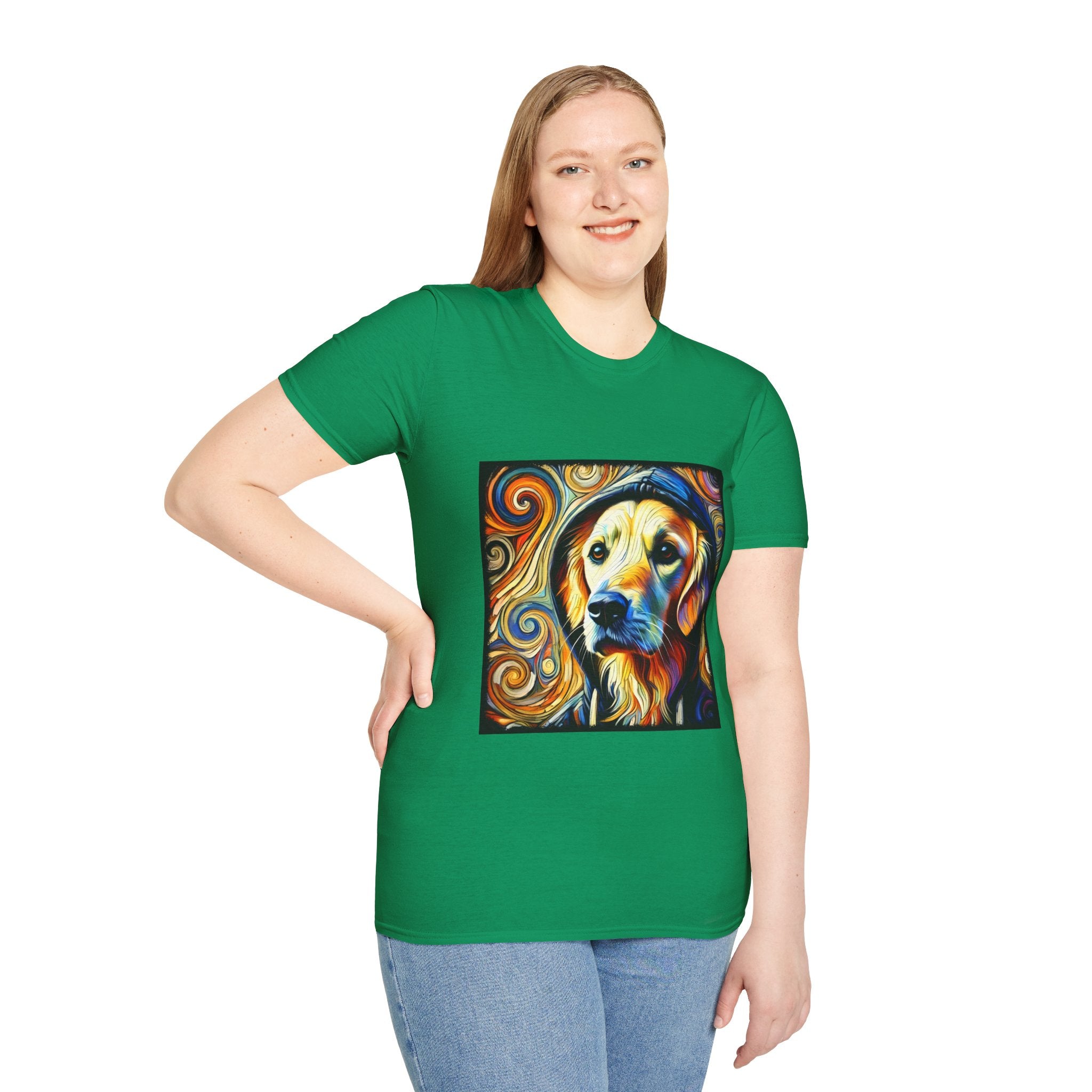 Female model in Kelly green dog t-shirt with golden retriever in hoodie, swirled background in orange, yellow, and teal tones.