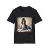 Front view of black dog t-shirt featuring black and white Afghan Hound on cushion with diamond necklace, pastel background.