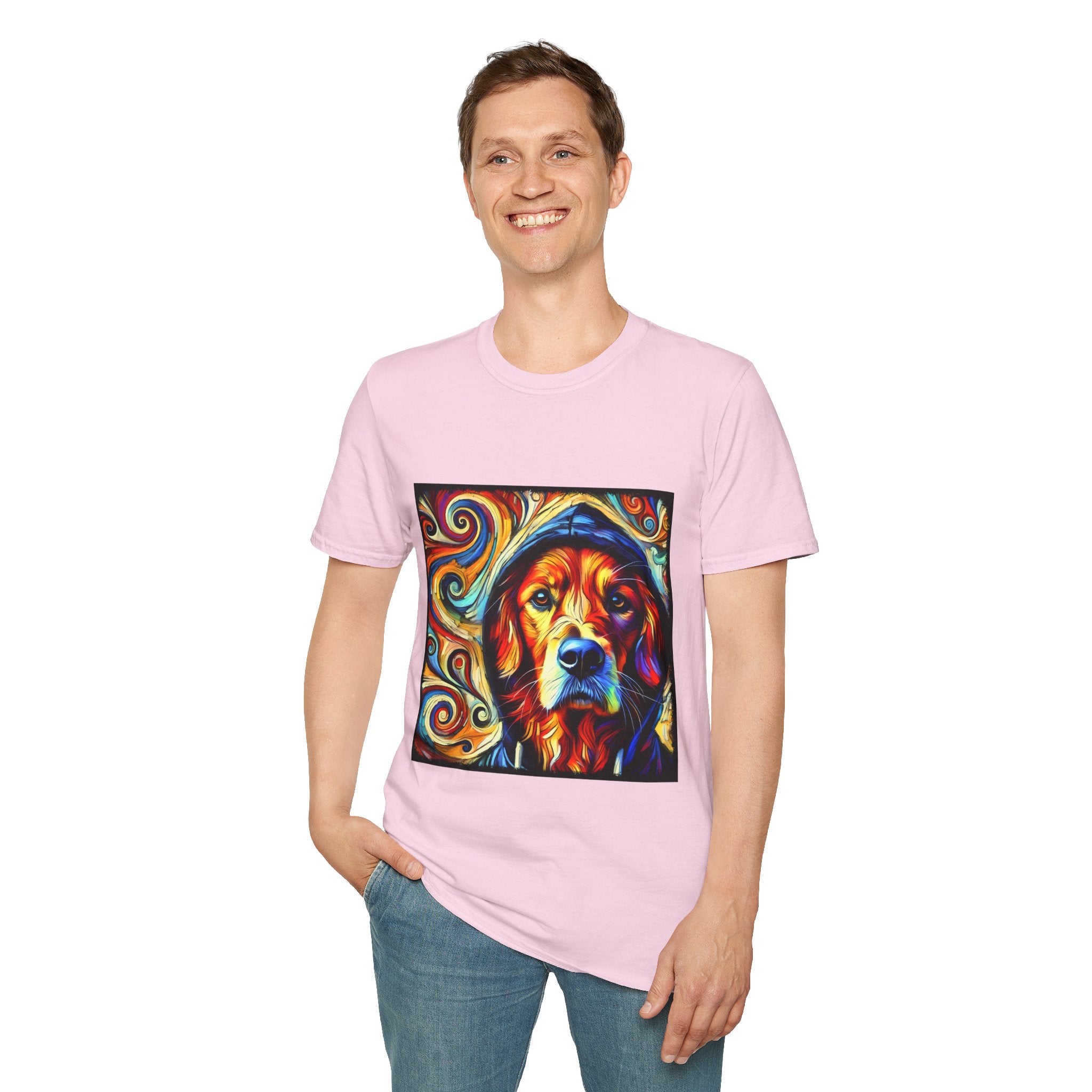 Male model in light pink dog t-shirt with golden retriever in blue hoodie, bold swirls in red, orange, and teal behind.