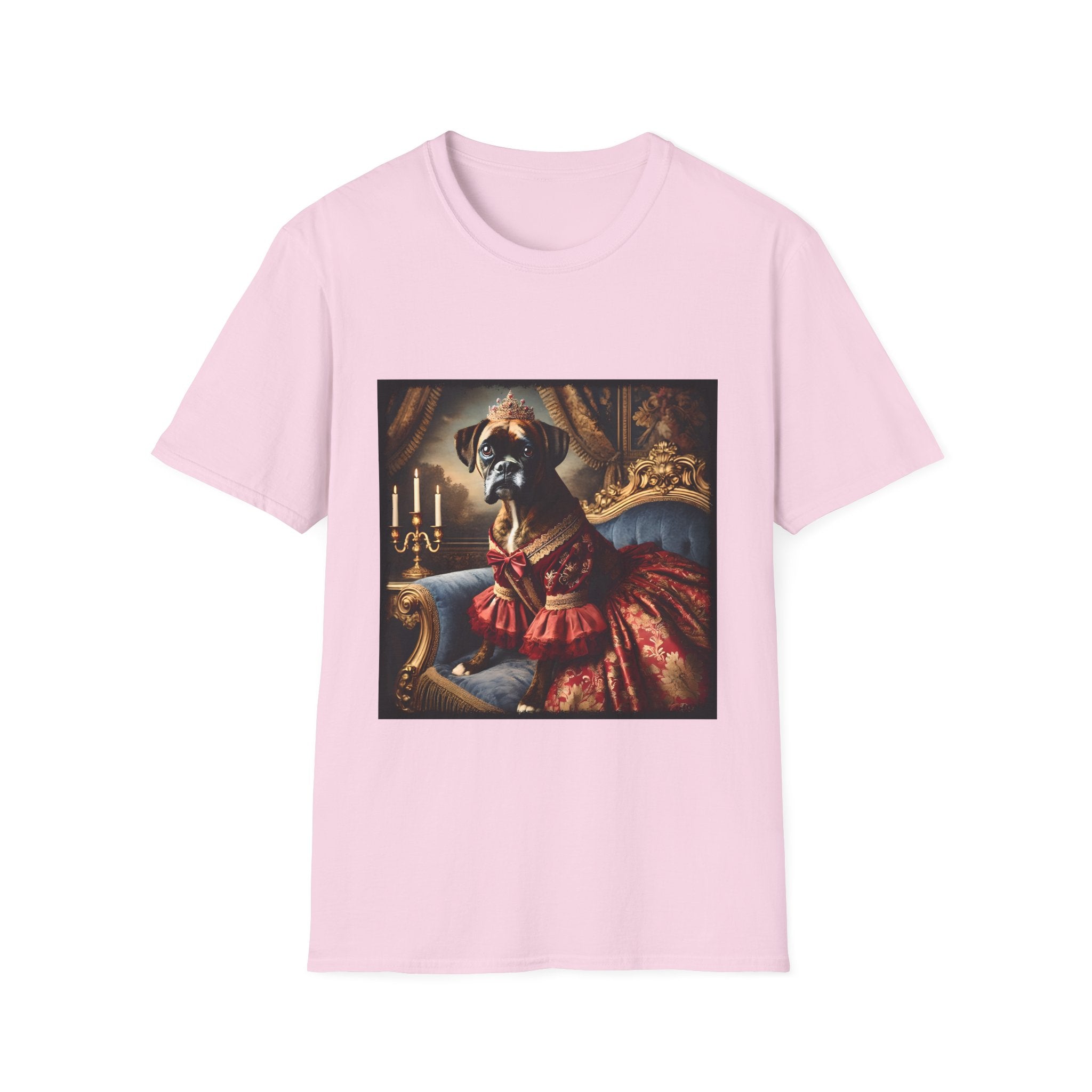 Light pink dog t-shirt featuring boxer in ornate red gown and tiara seated on royal blue armchair.