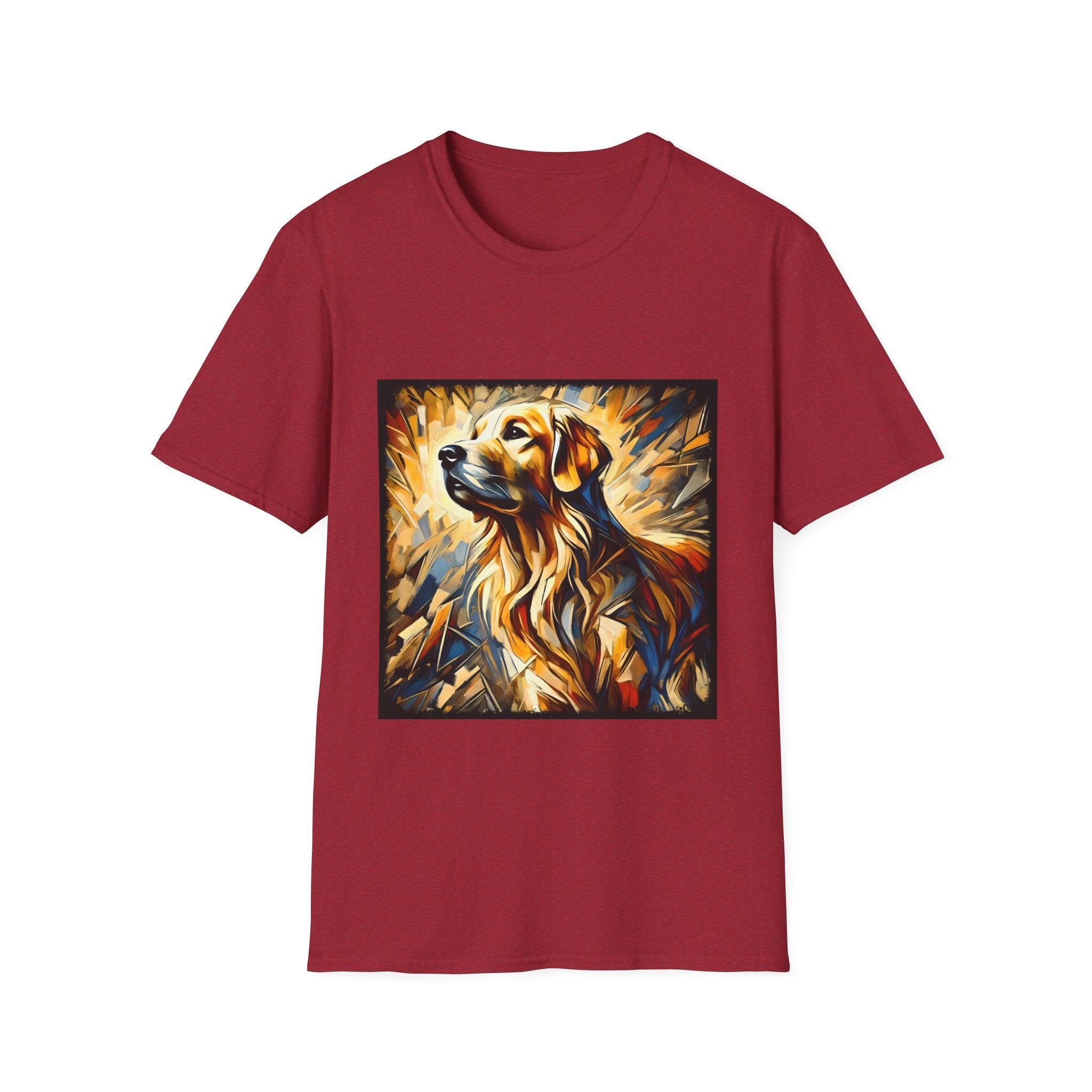Antique cherry red dog t-shirt featuring golden retriever portrait with fiery gold, blue, and amber abstract swirls.