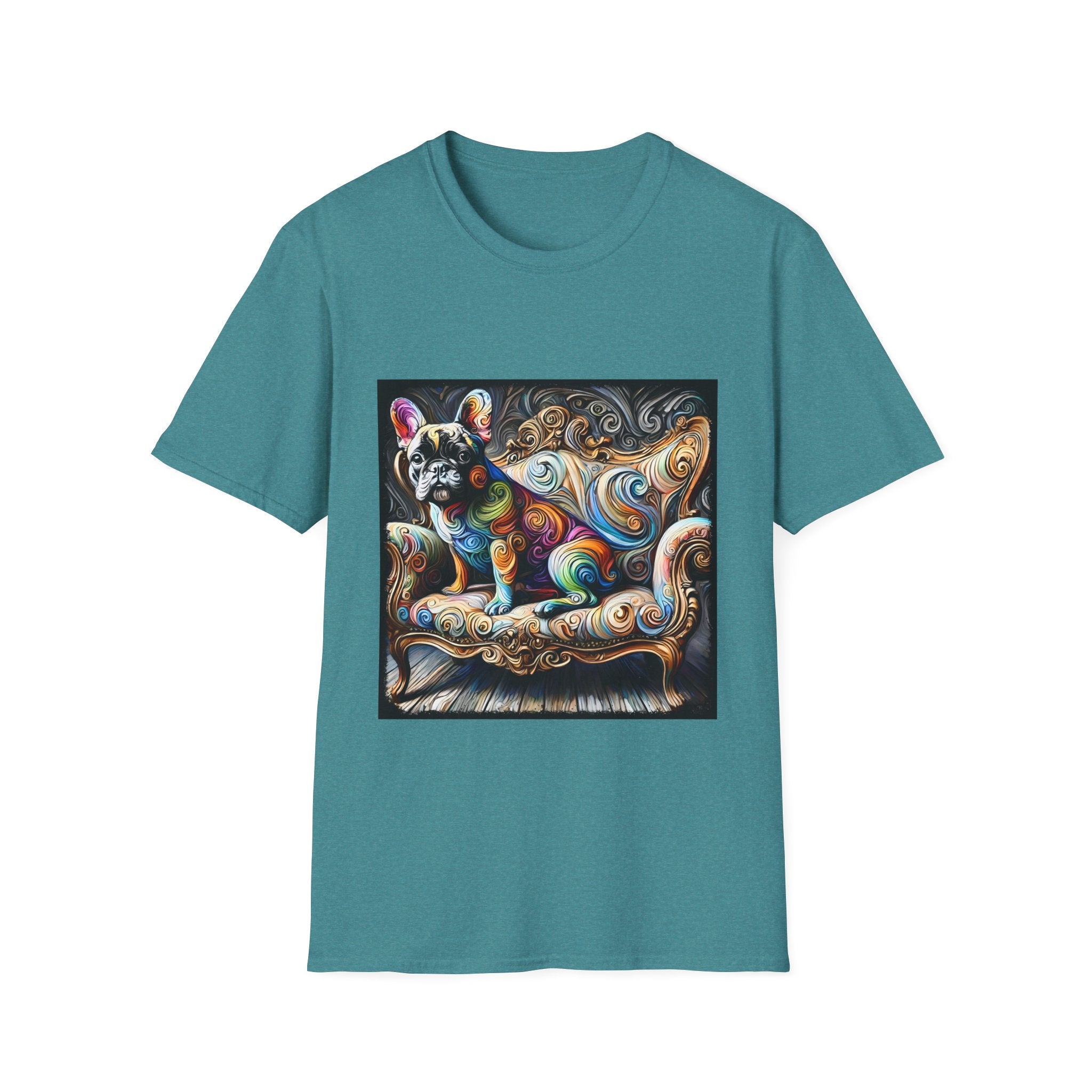 Teal t-shirt featuring rainbow French Bulldog on golden settee with swirl pattern, expressionism style.