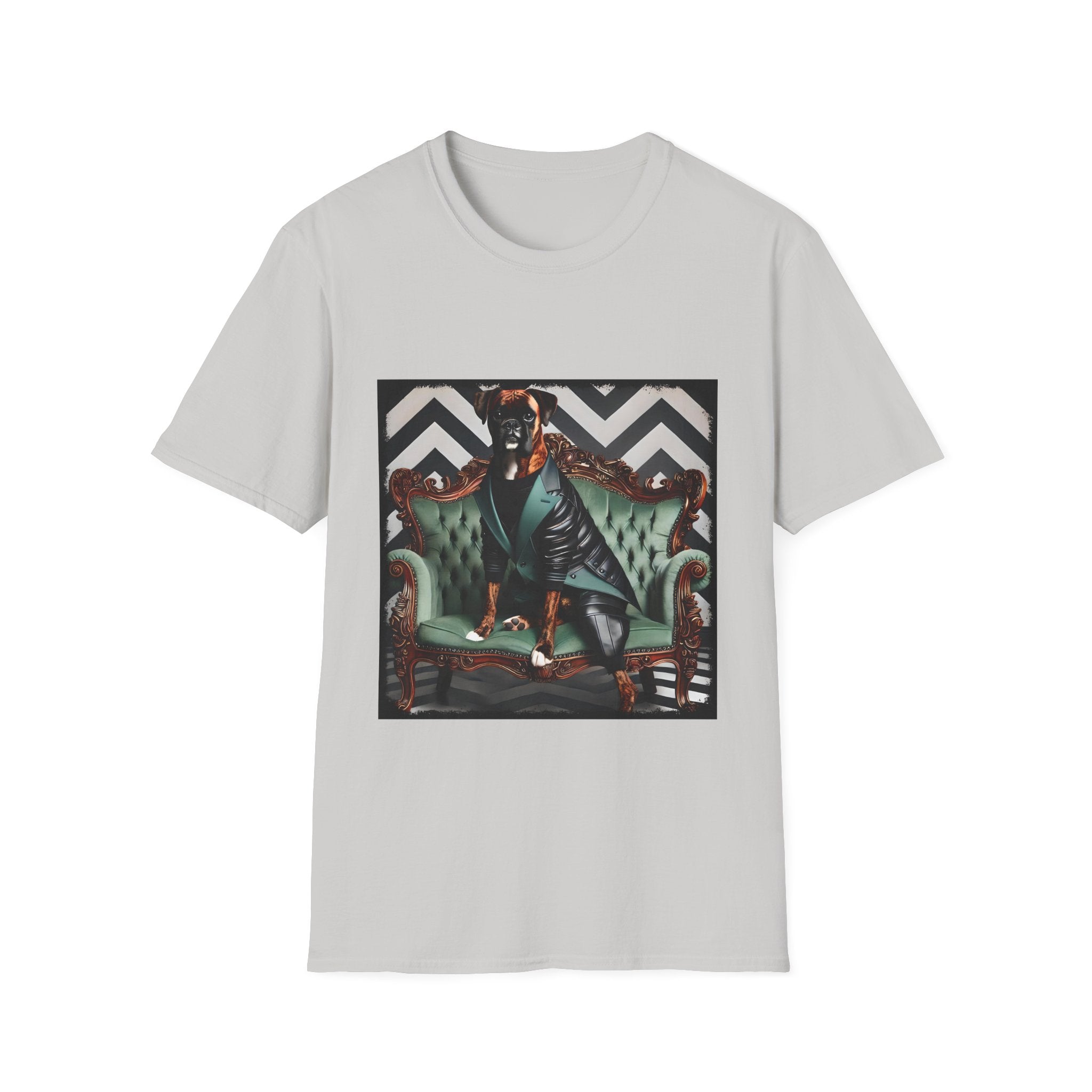 Ice gray dog t-shirt featuring a brindle boxer in leather jacket on green settee with chevron wall backdrop.