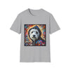 Sport gray dog t-shirt featuring Westie in black hoodie with swirling red blue orange and gold background.