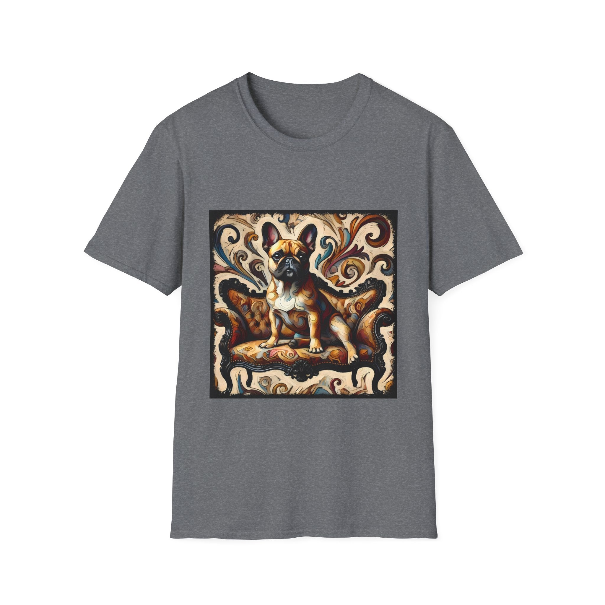 Graphite heather t-shirt featuring fawn French Bulldog on ornate amber and black settee with rich tan swirl backdrop.