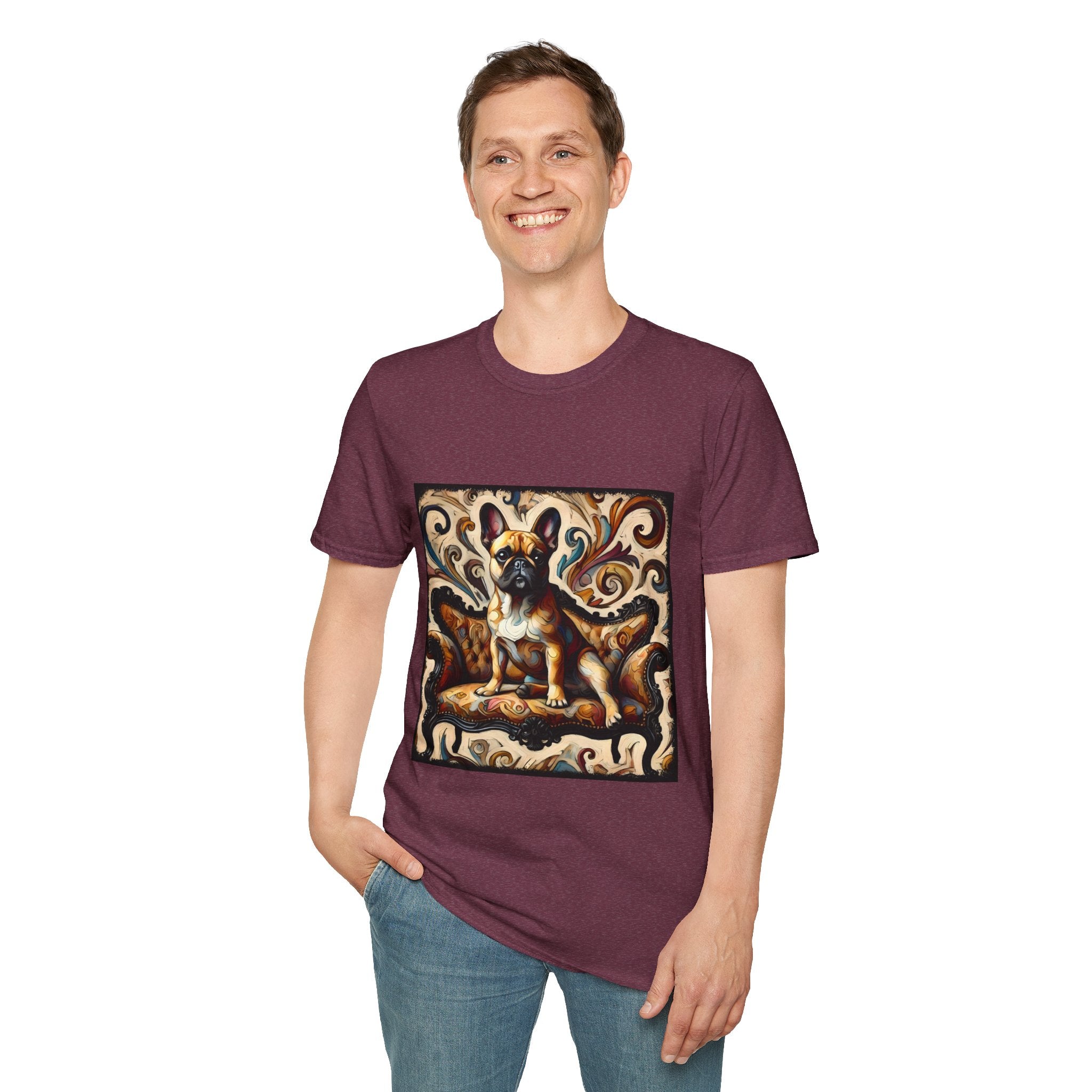 Male model in heather maroon t-shirt featuring fawn French Bulldog on ornate amber and black settee with rich tan swirl backdrop.