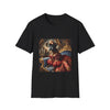 Black dog t-shirt featuring boxer in ornate red gown and tiara seated on royal blue armchair.
