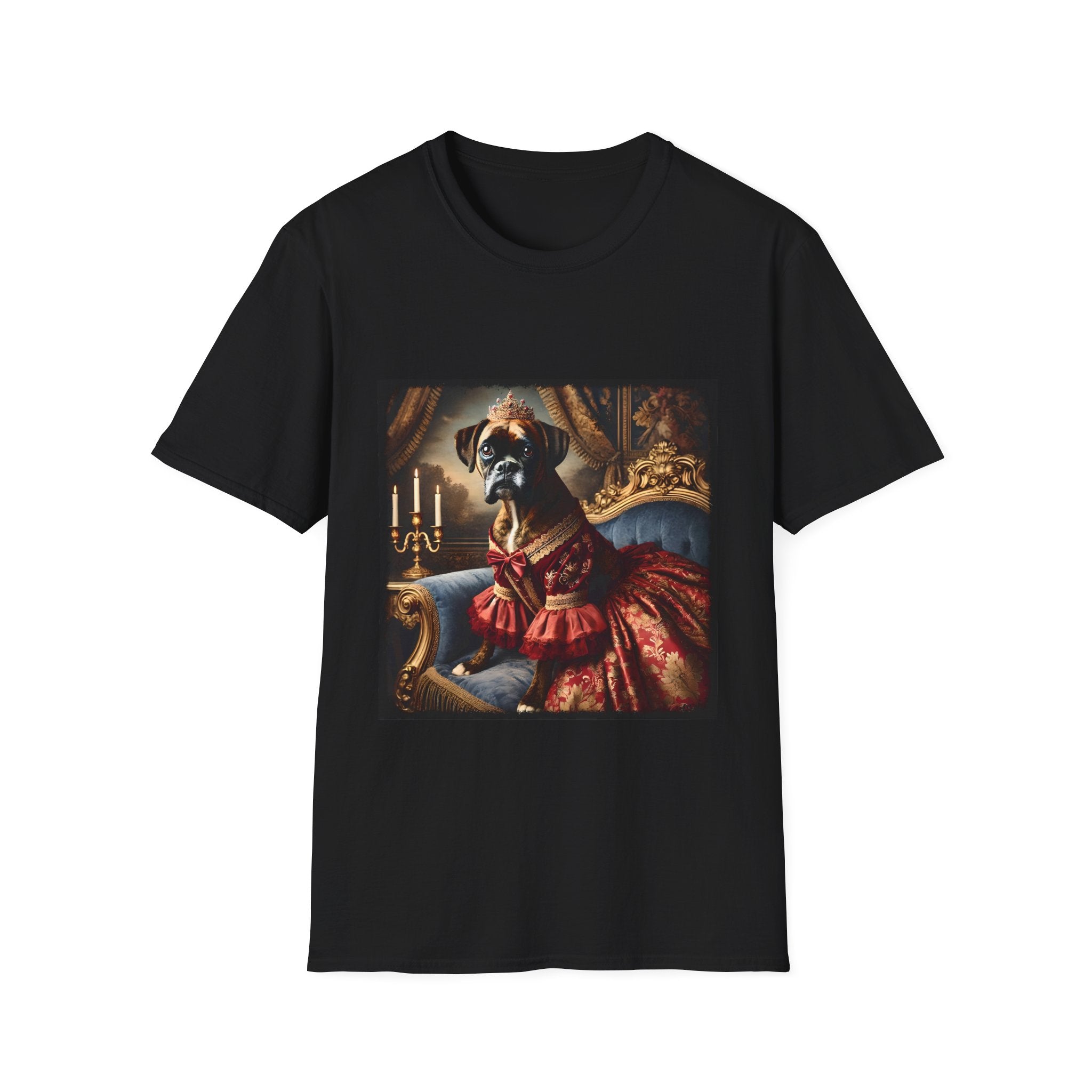Black dog t-shirt featuring boxer in ornate red gown and tiara seated on royal blue armchair.