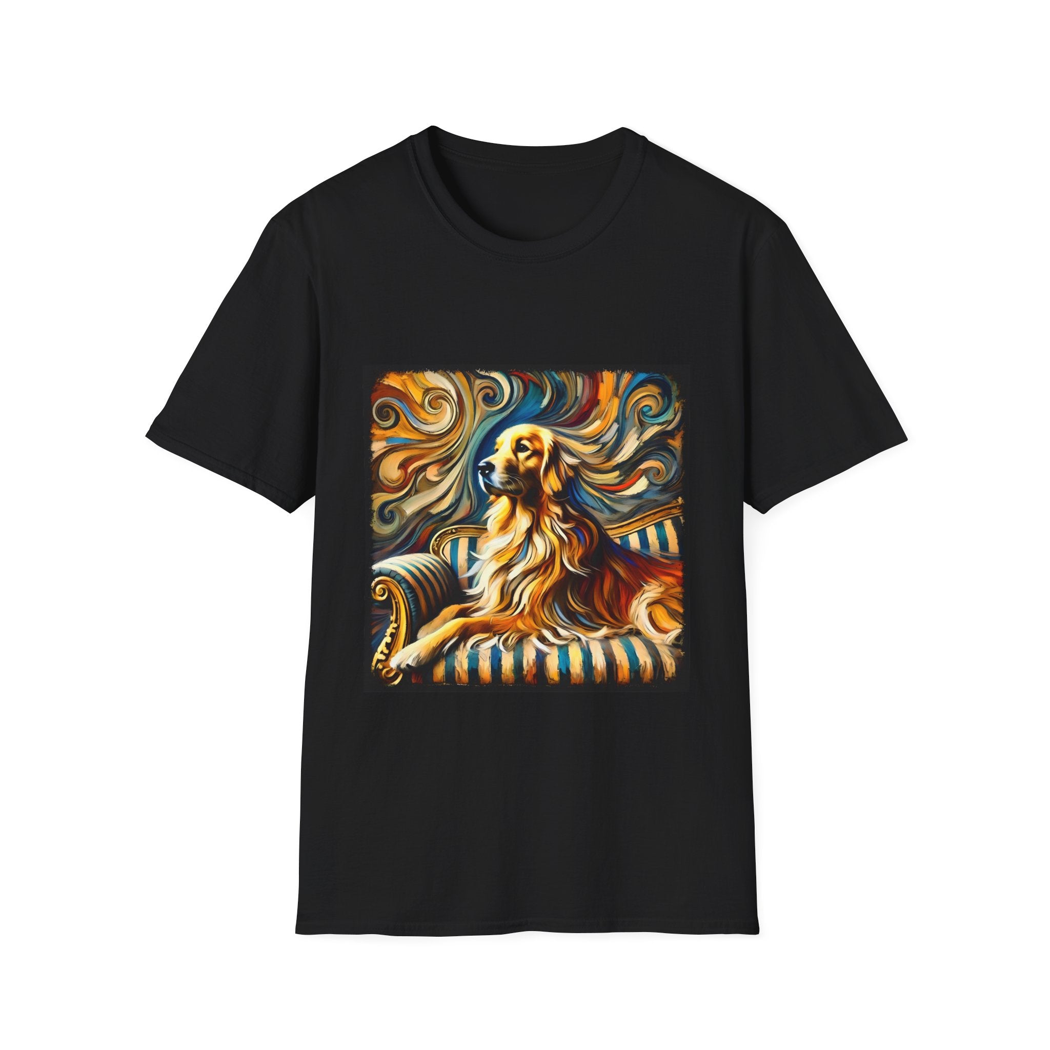 Black dog t-shirt featuring golden retriever on striped settee with swirling abstract background in golds.