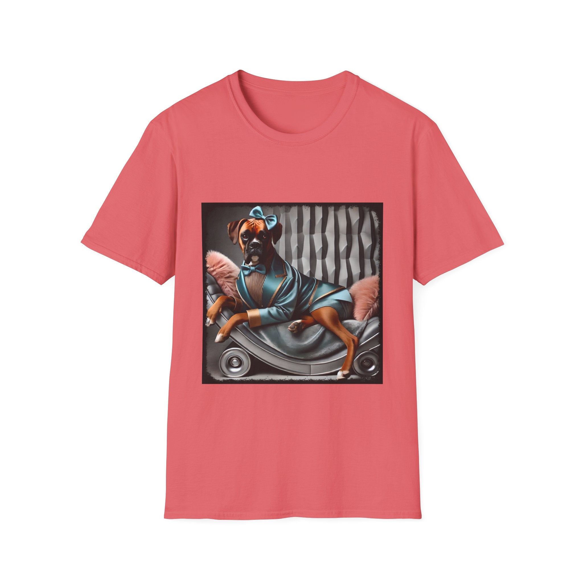 Coral silk dog t-shirt with a boxer in teal dress and bow on modern chair with striped wall and pink pillows.