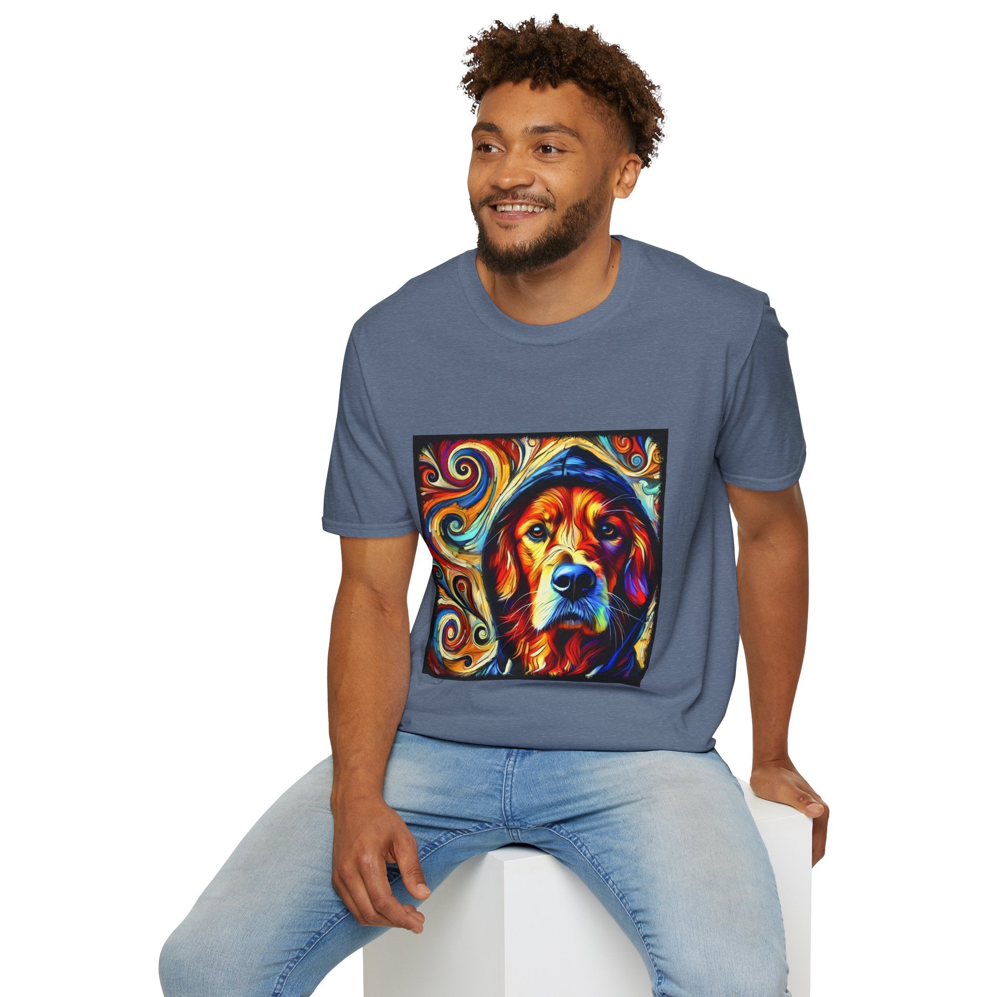 Male model in heather indigo dog t-shirt with golden retriever in blue hoodie, bold swirls in red, orange, and teal behind.