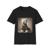 Black dog t-shirt featuring Westie in camouflage jacket and pleated skirt against neutral backdrop.