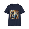 Navy dog t-shirt with boxer in denim ruffle dress, blue bow, diamond collar, and abstract gem background.