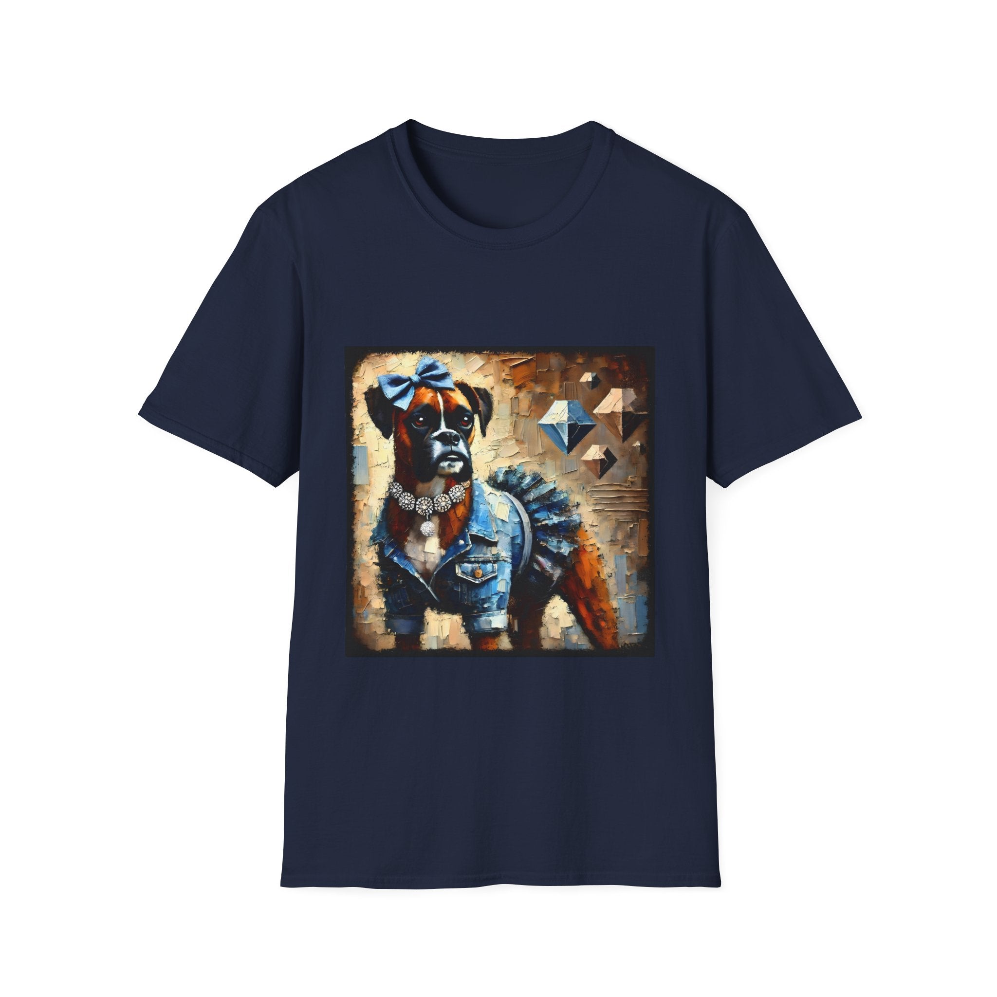 Navy dog t-shirt with boxer in denim ruffle dress, blue bow, diamond collar, and abstract gem background.