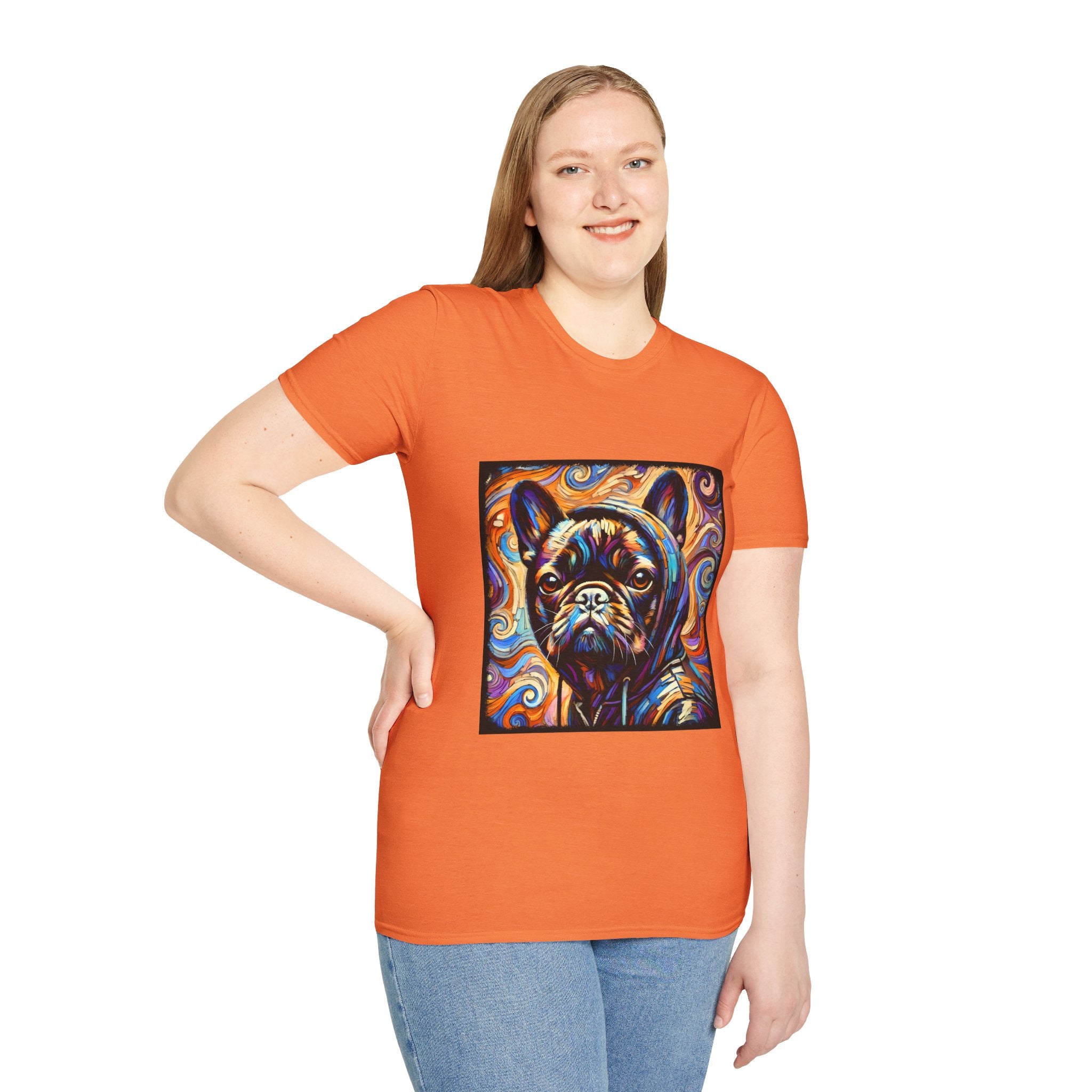 Female model in orange dog t-shirt featuring colorful French Bulldog in hoodie with vivid swirl background.