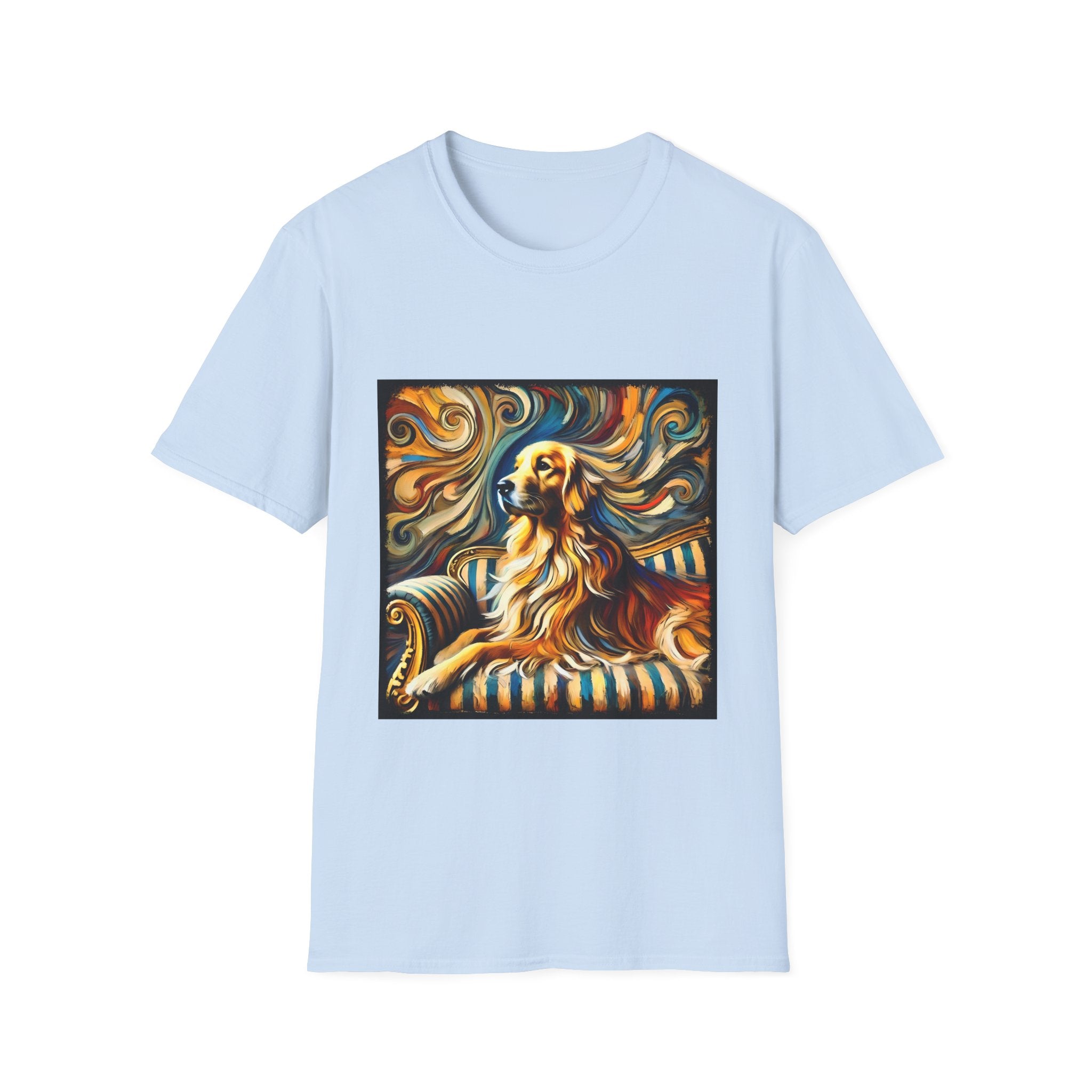 Light blue dog t-shirt featuring golden retriever on striped settee with swirling abstract background in golds.