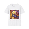 White dog t-shirt featuring golden retriever with pink bow on head, set against vivid painterly swirls.