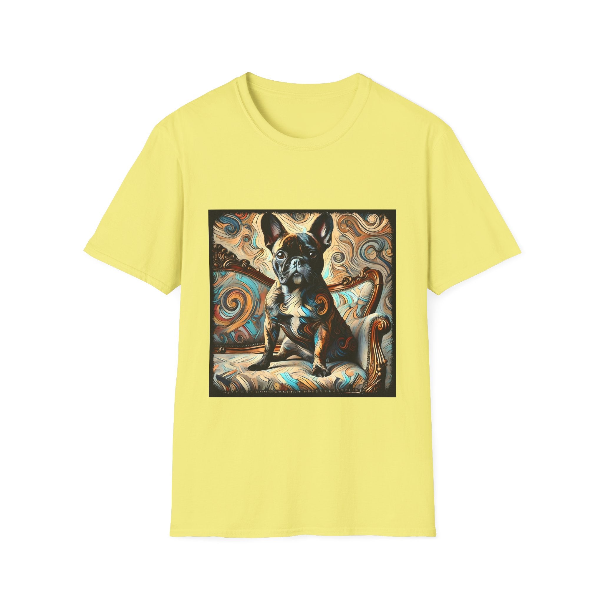 Bright yellow dog t-shirt featuring black and tan French Bulldog on ornate settee with swirl pattern background.