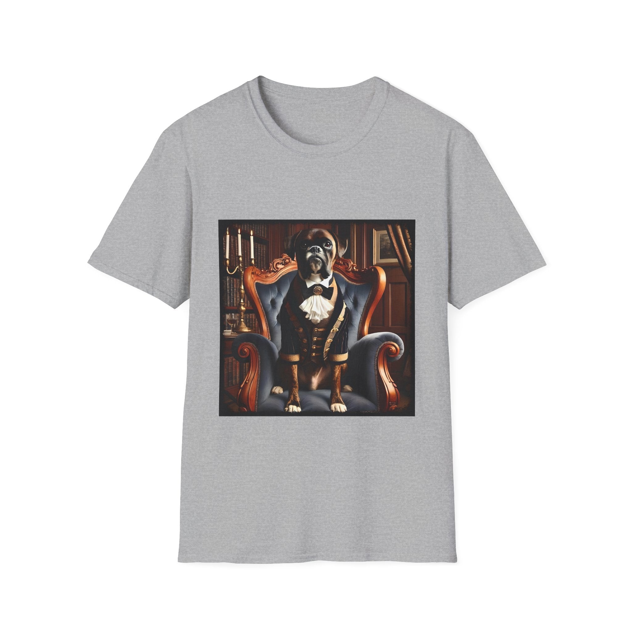 Sport gray dog t-shirt featuring boxer in brown period suit with cravat seated in ornate blue armchair.