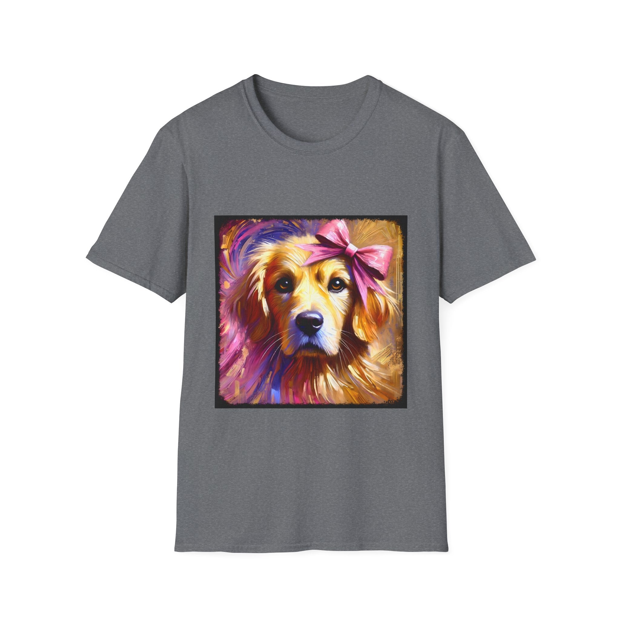 Graphite heather dog t-shirt featuring golden retriever with pink bow on head, bold brushstroke background in pinks.